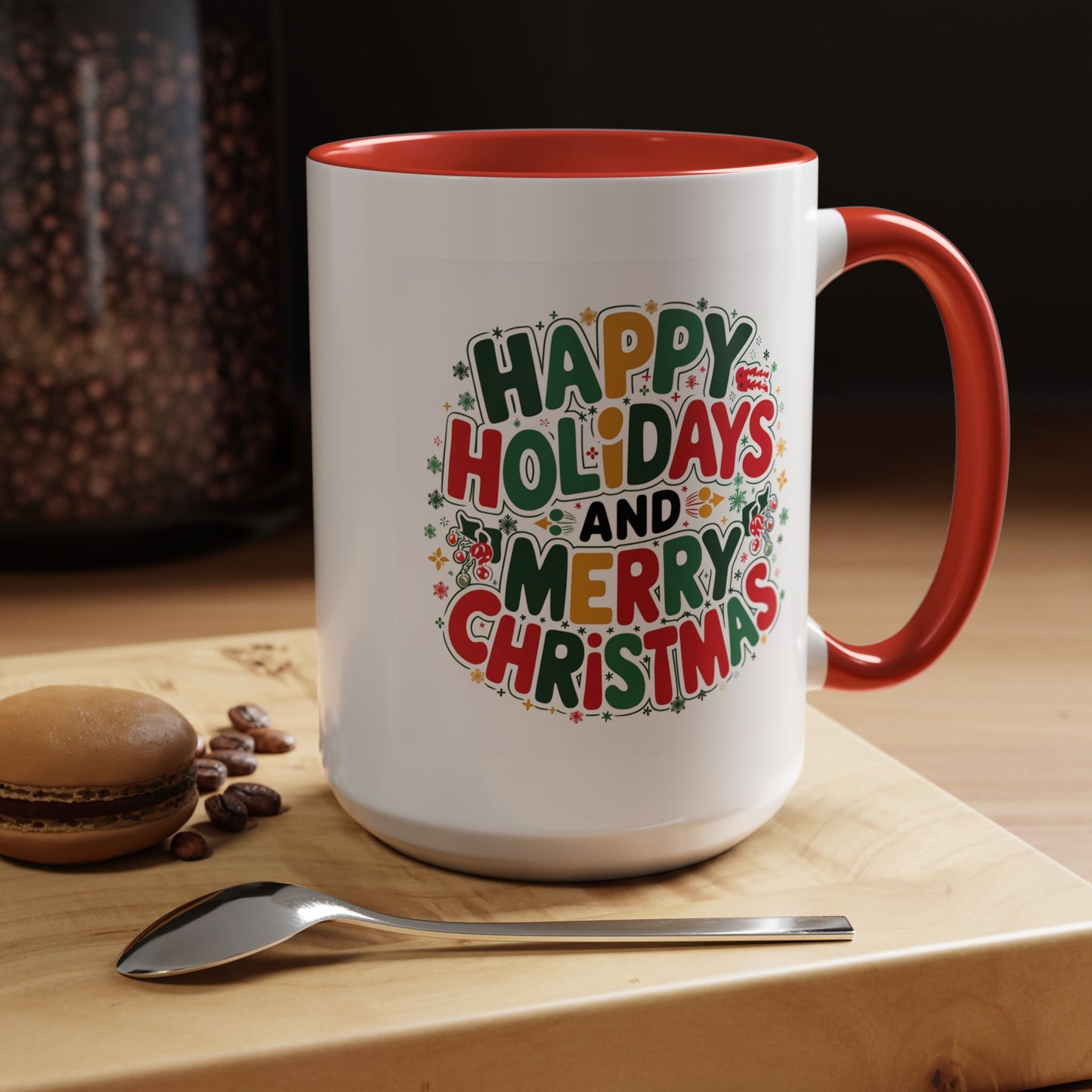 Christmas Mug - Happy Holidays and Merry Christmas Blue Green Yellow Red Text