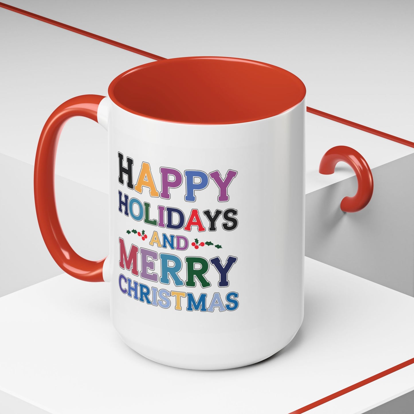 Christmas Mug - Happy Holidays and Merry Christmas Blue Yellow Purple Orange Red Text