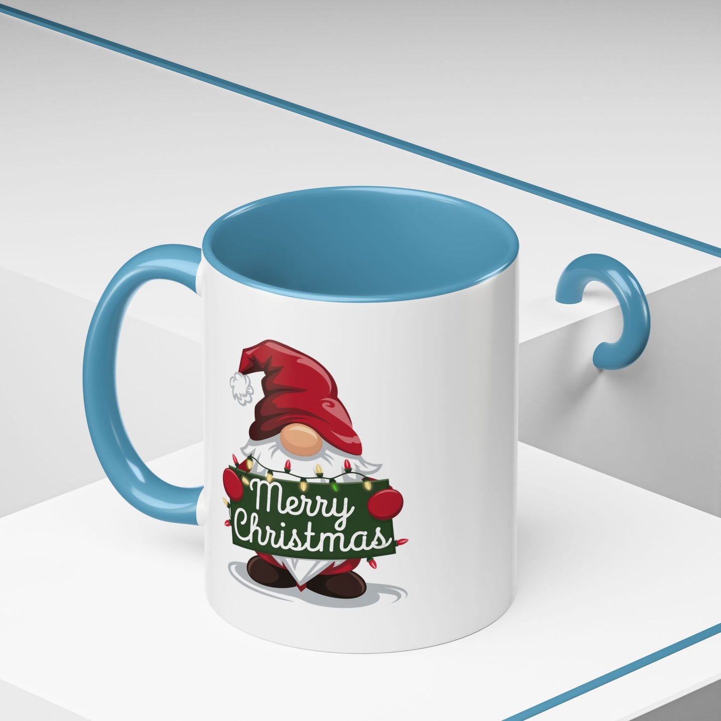 Christmas Mug - Merry Christmas White & Green Text Gnome Lights