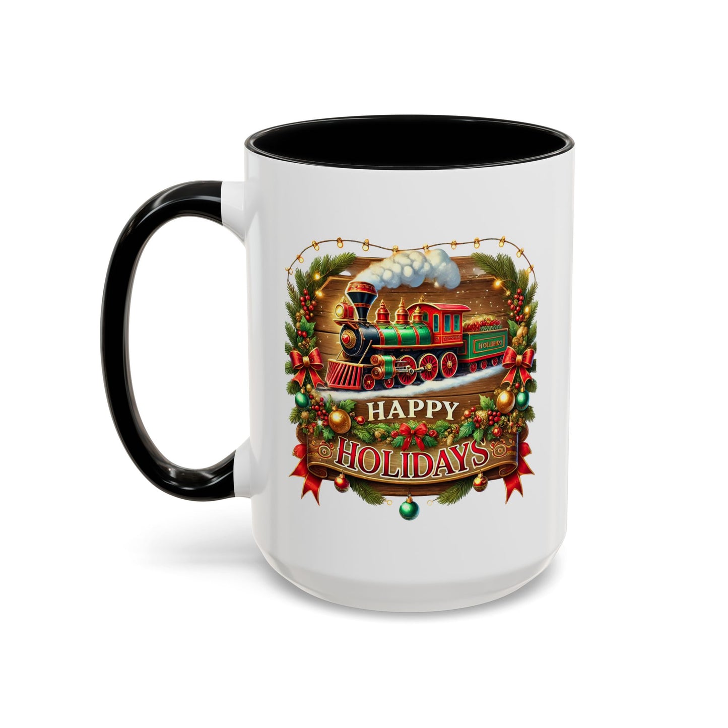 Christmas Mug - Happy Holidays White & Red Text Steam Locomotive