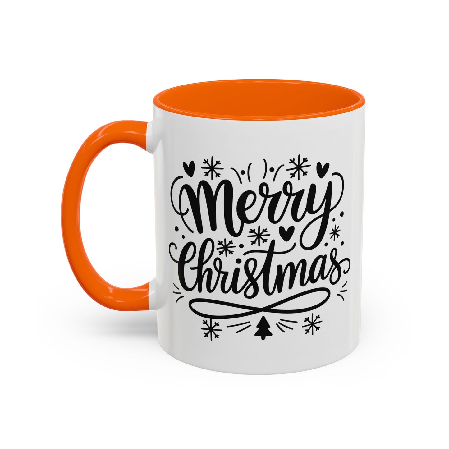 Christmas Mug - Merry Christmas Black Text Tree Snowflakes Hearts