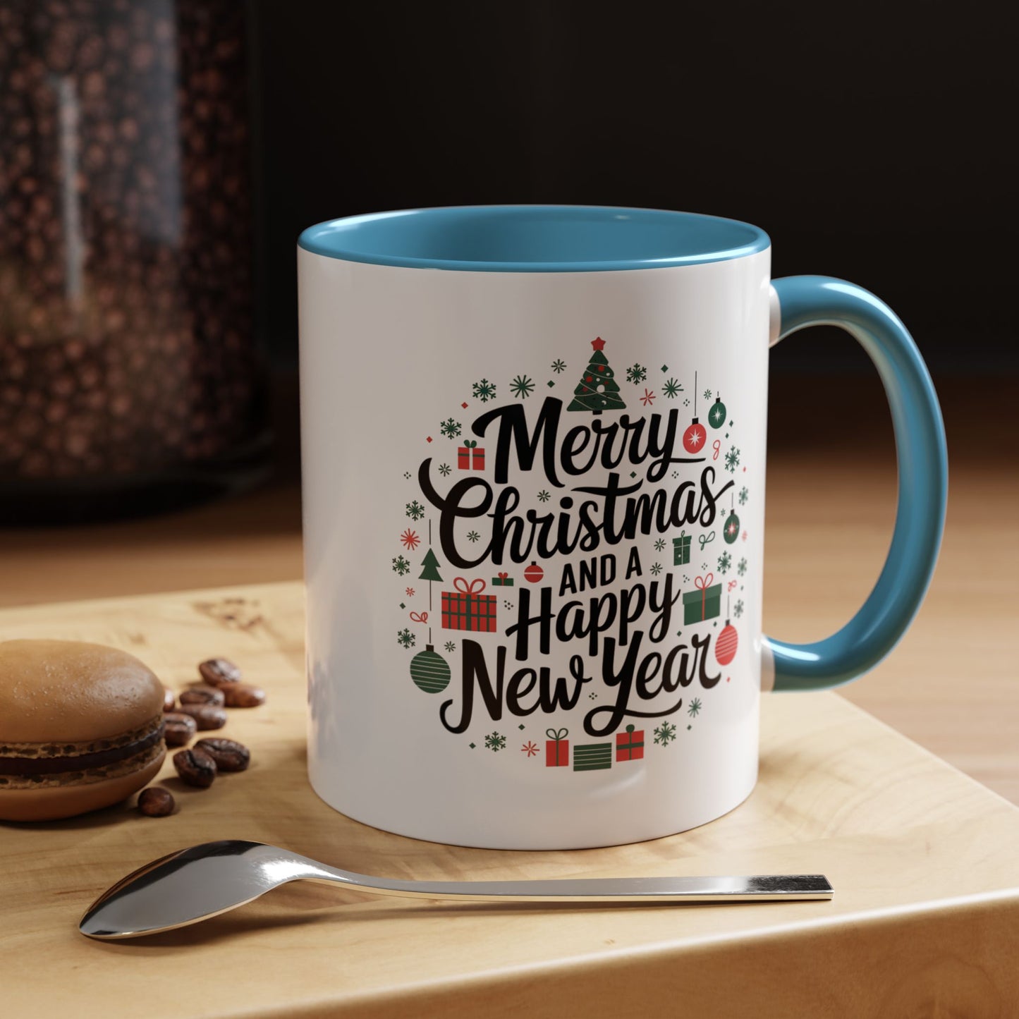 Christmas Mug - Merry Christmas and a Happy New Year Black Text Tree Ornaments Presents