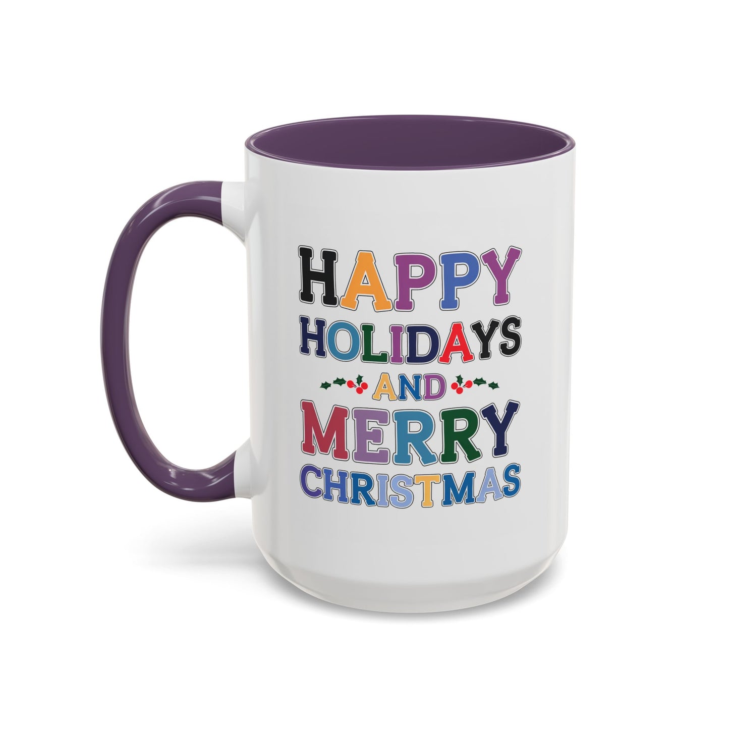 Christmas Mug - Happy Holidays and Merry Christmas Blue Yellow Purple Orange Red Text
