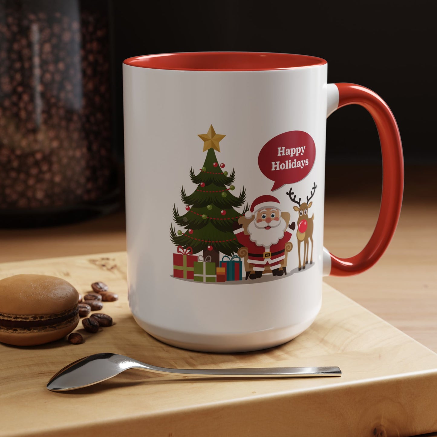Christmas Mug - Happy Holidays Callout Santa Tree Presents Reindeer