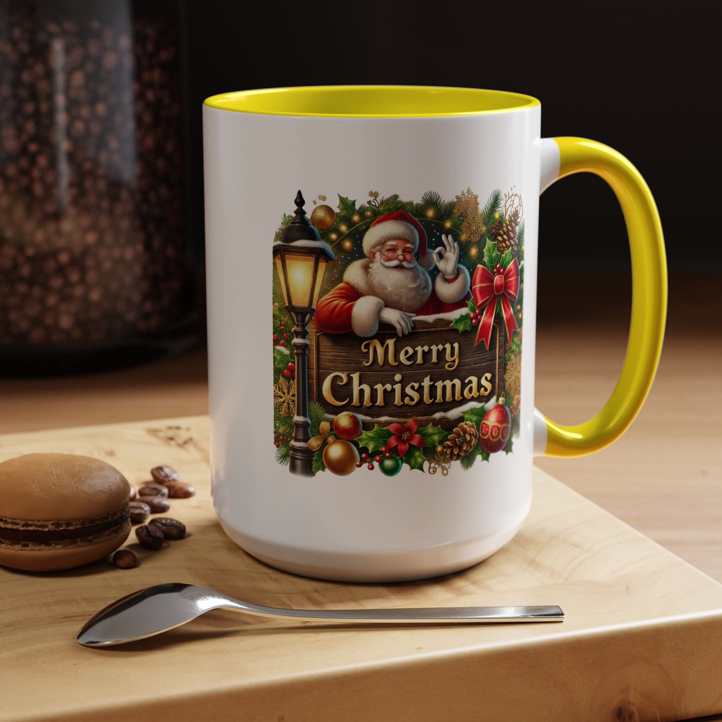 Christmas Mug - Merry Christmas Cream Text Santa Ok Light Bow Ornaments