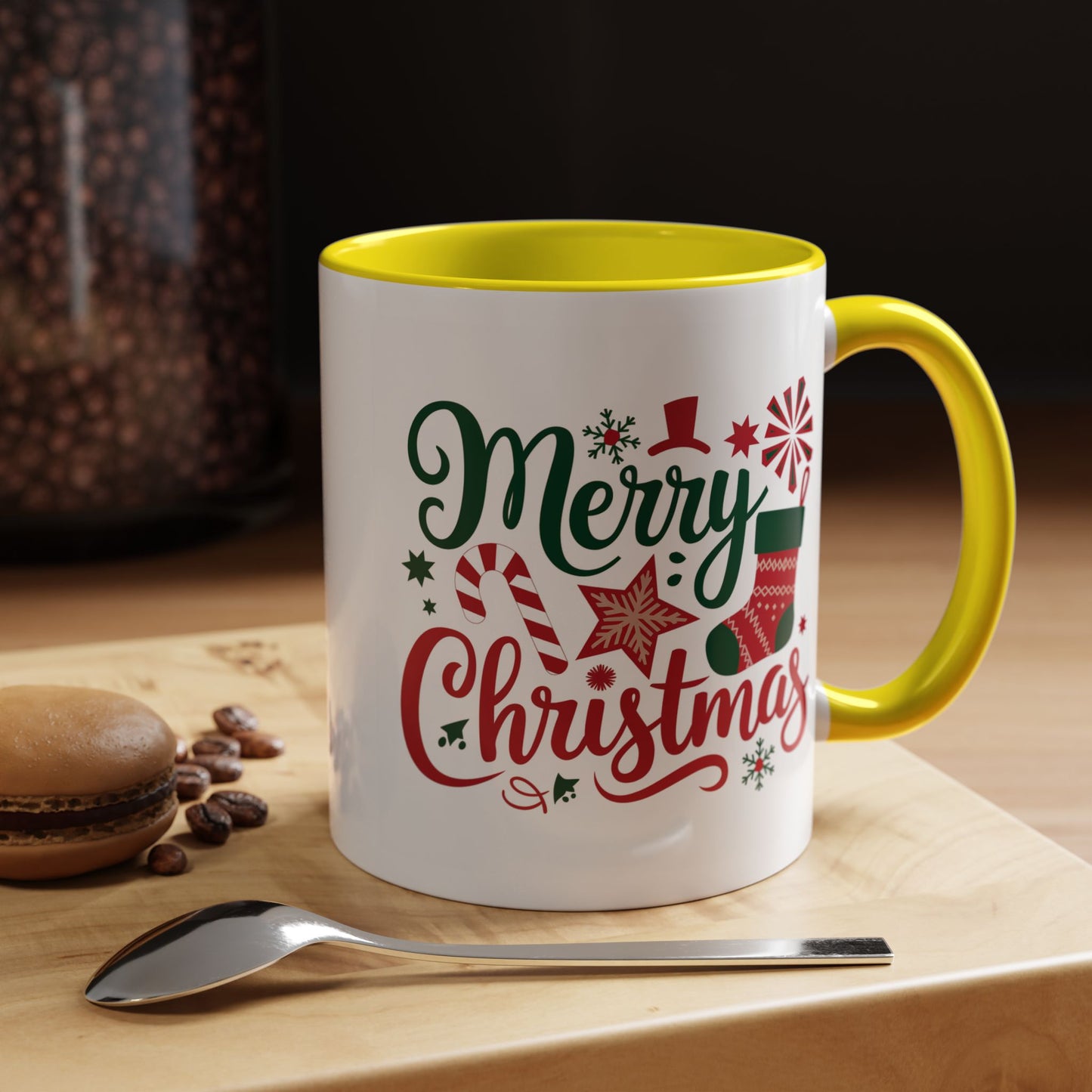 Christmas Mug - Merry Christmas Green & Red Text Star Candy Cane Stocking Snowflake