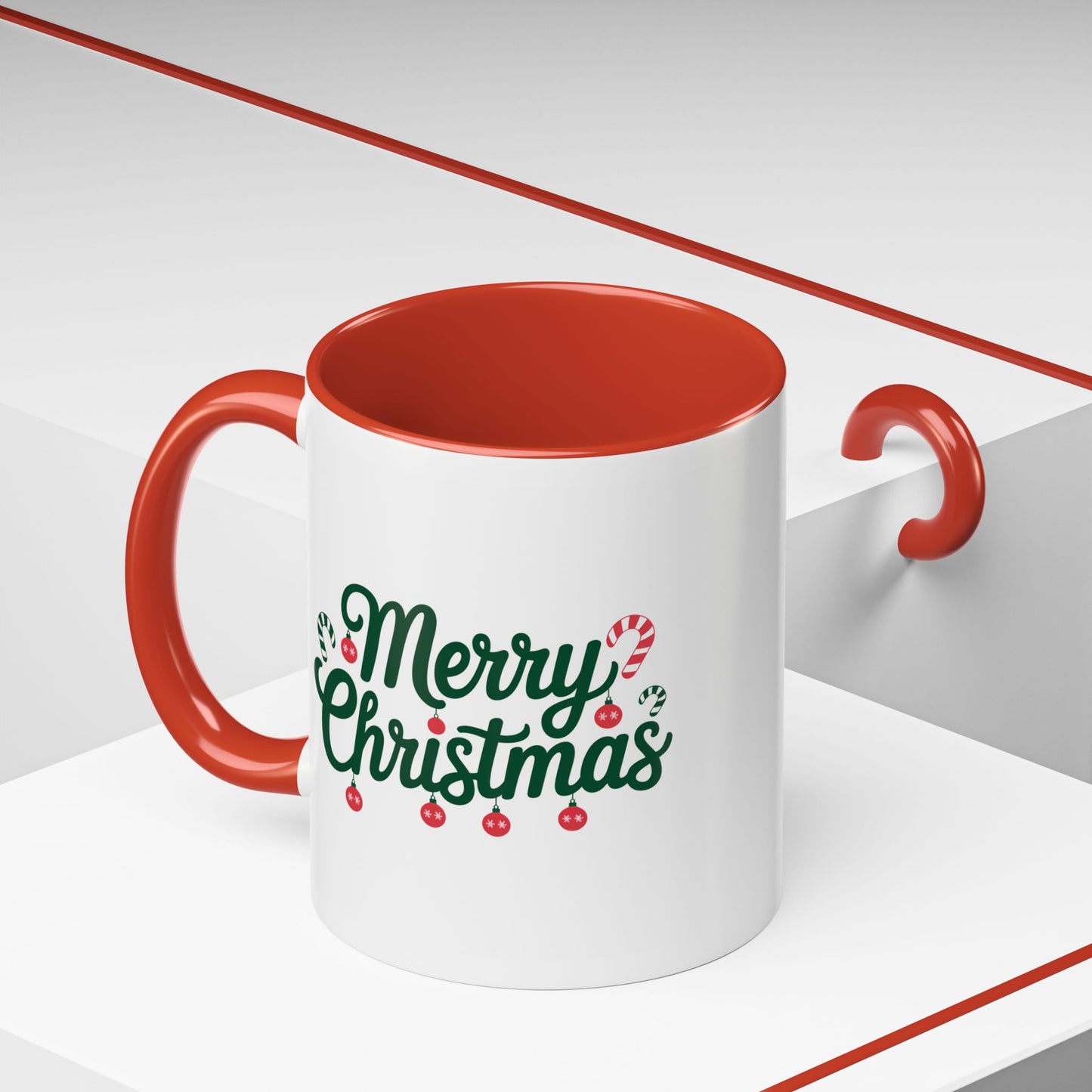 Christmas Mug - Merry Christmas Green Text Ornaments Candy Canes