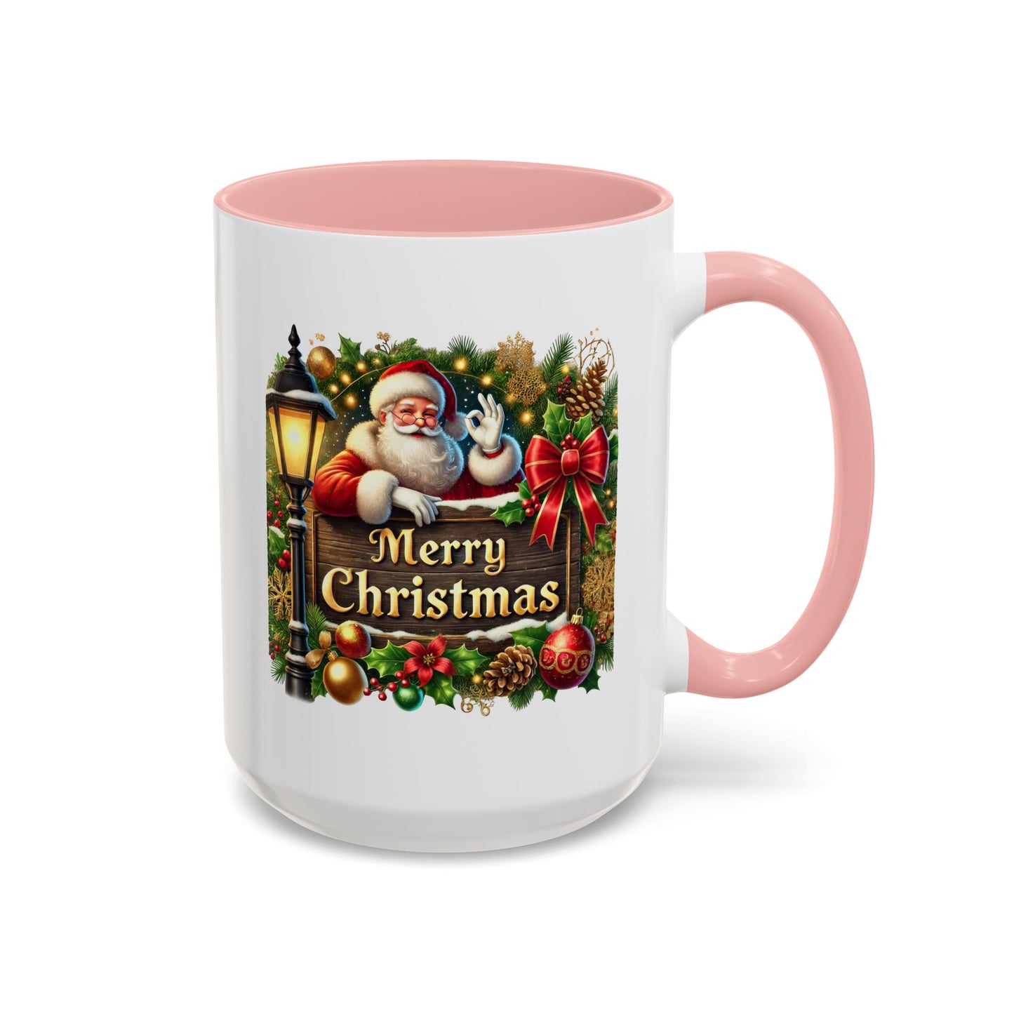 Christmas Mug - Merry Christmas Cream Text Santa Ok Light Bow Ornaments