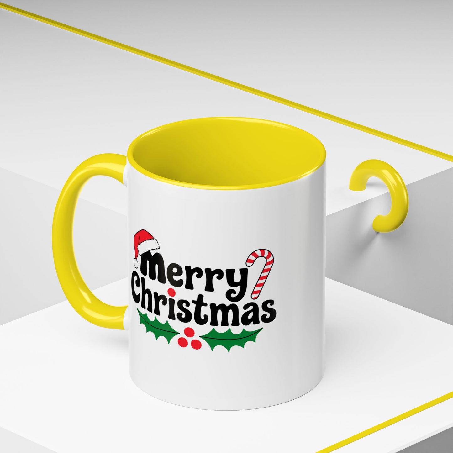 Christmas Mug - Merry Christmas Black Text Hat Cane Misletoe