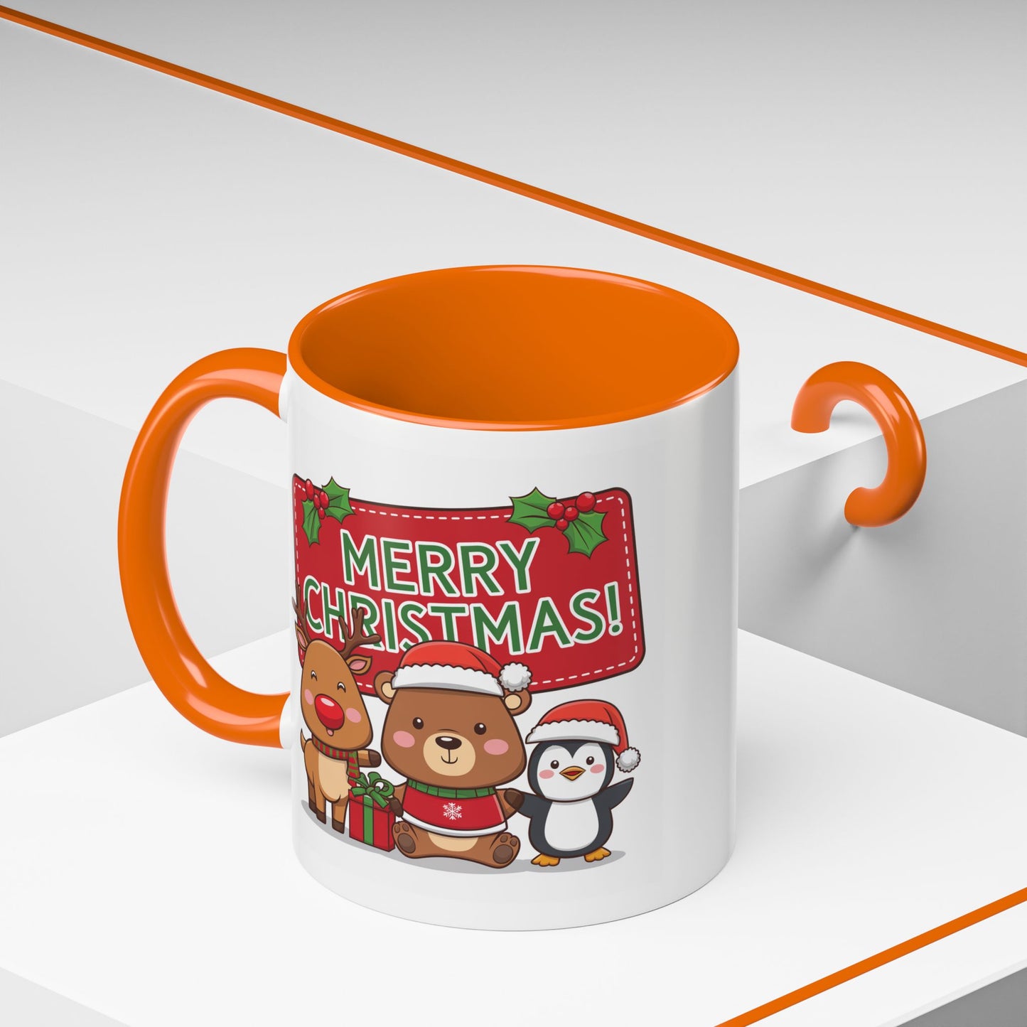 Christmas Mug - Green Text Red Banner Reindeer Bear Penguin