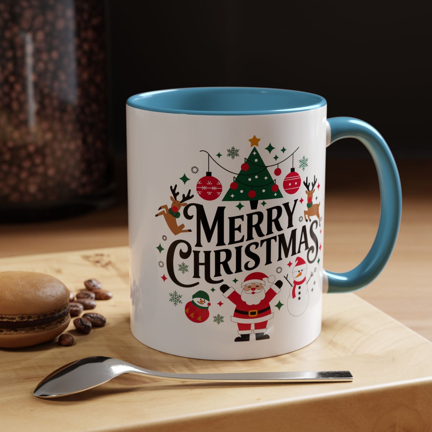 Christmas Mug - Merry Christmas Black Text Santa Reindeer Snowmen Ornaments