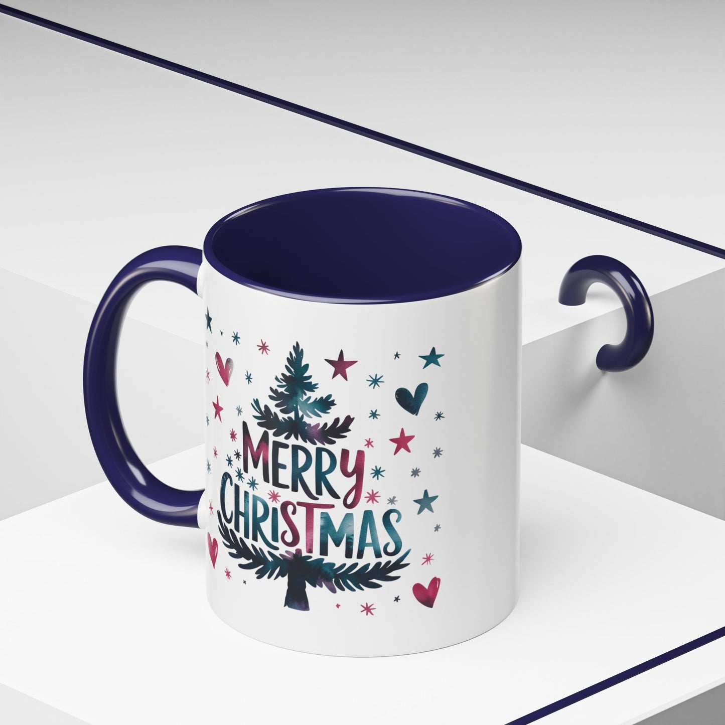 Christmas Mug - Merry Christmas Maroon & Blue Text Tree Hearts Stars