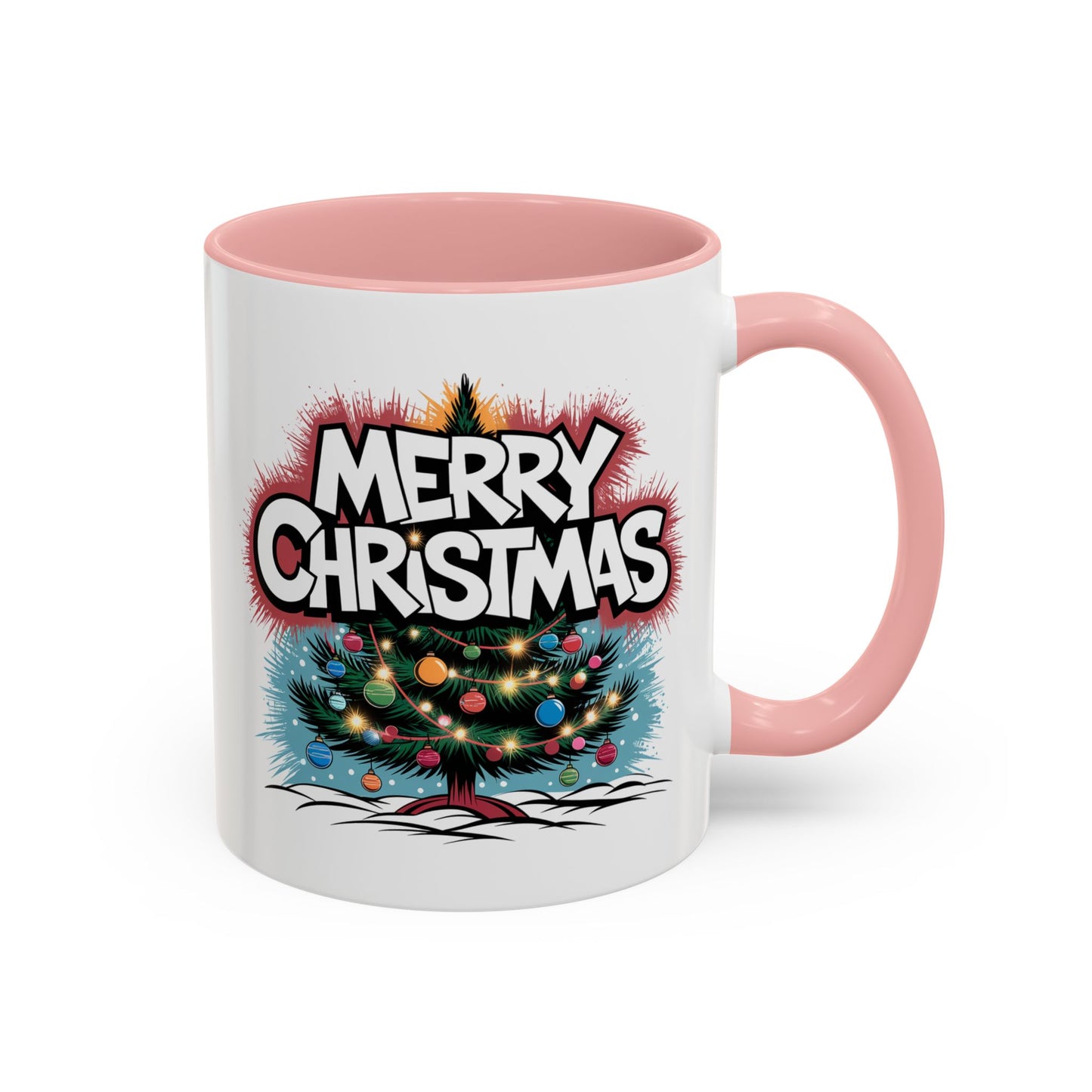 Christmas Mug - Merry Christmas White & Red Text Tree Lights