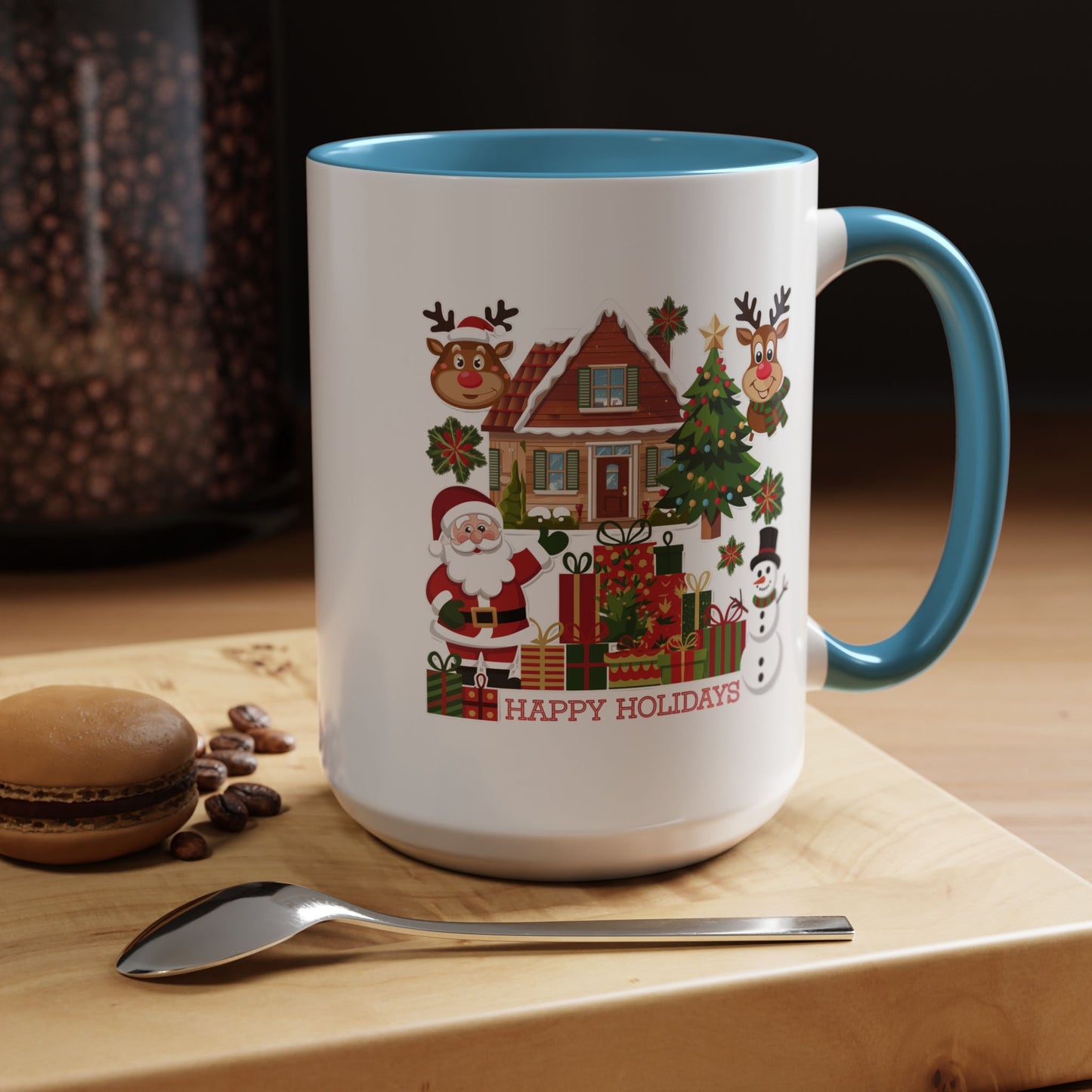Christmas Mug - Happy Holidays Red Text Reindeer Santa Snowman Presents