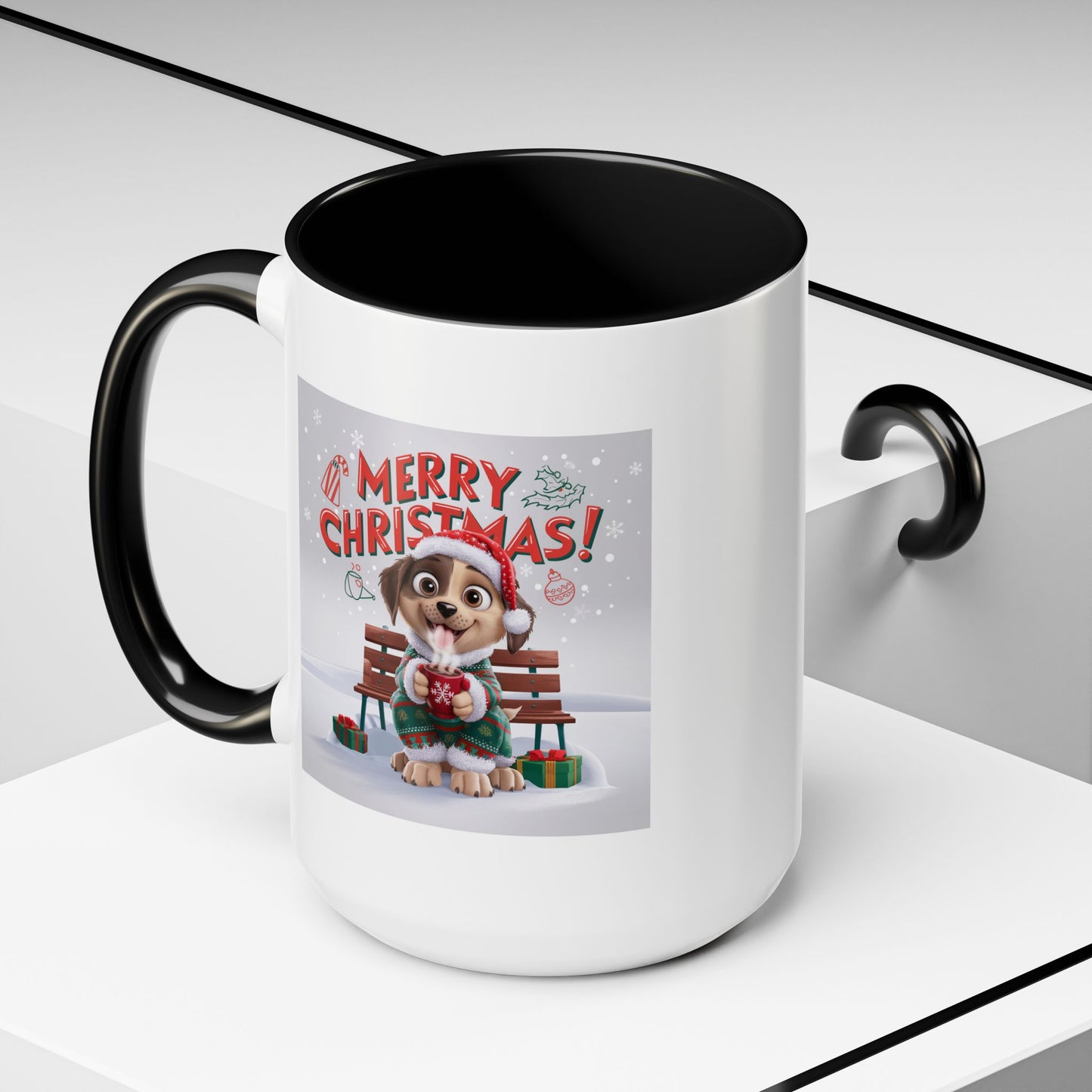 Christmas Mug - Merry Christmas Red Text Puppy Green Top