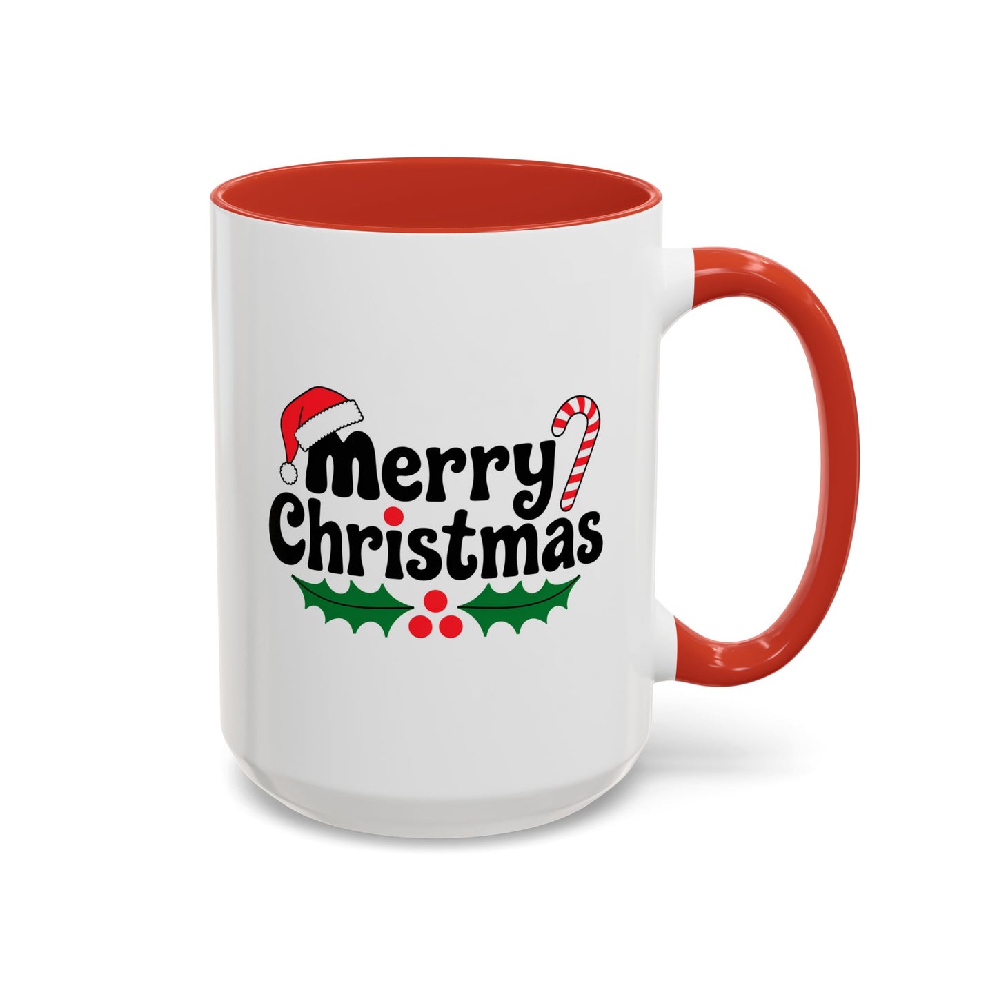 Christmas Mug - Merry Christmas Black Text Hat Candy Cane Mistletoe