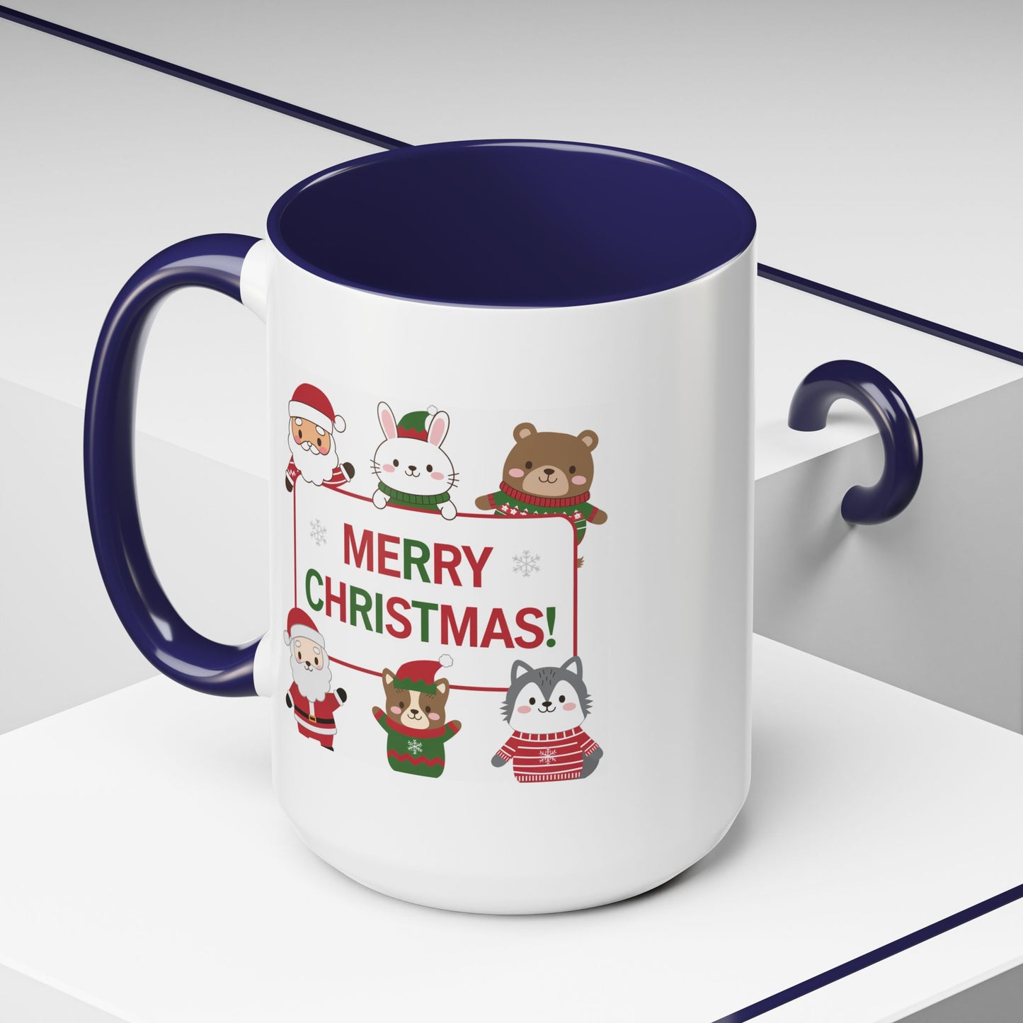 Christmas Mug - Merry Christmas Red & Green Text Santa Cute Animals