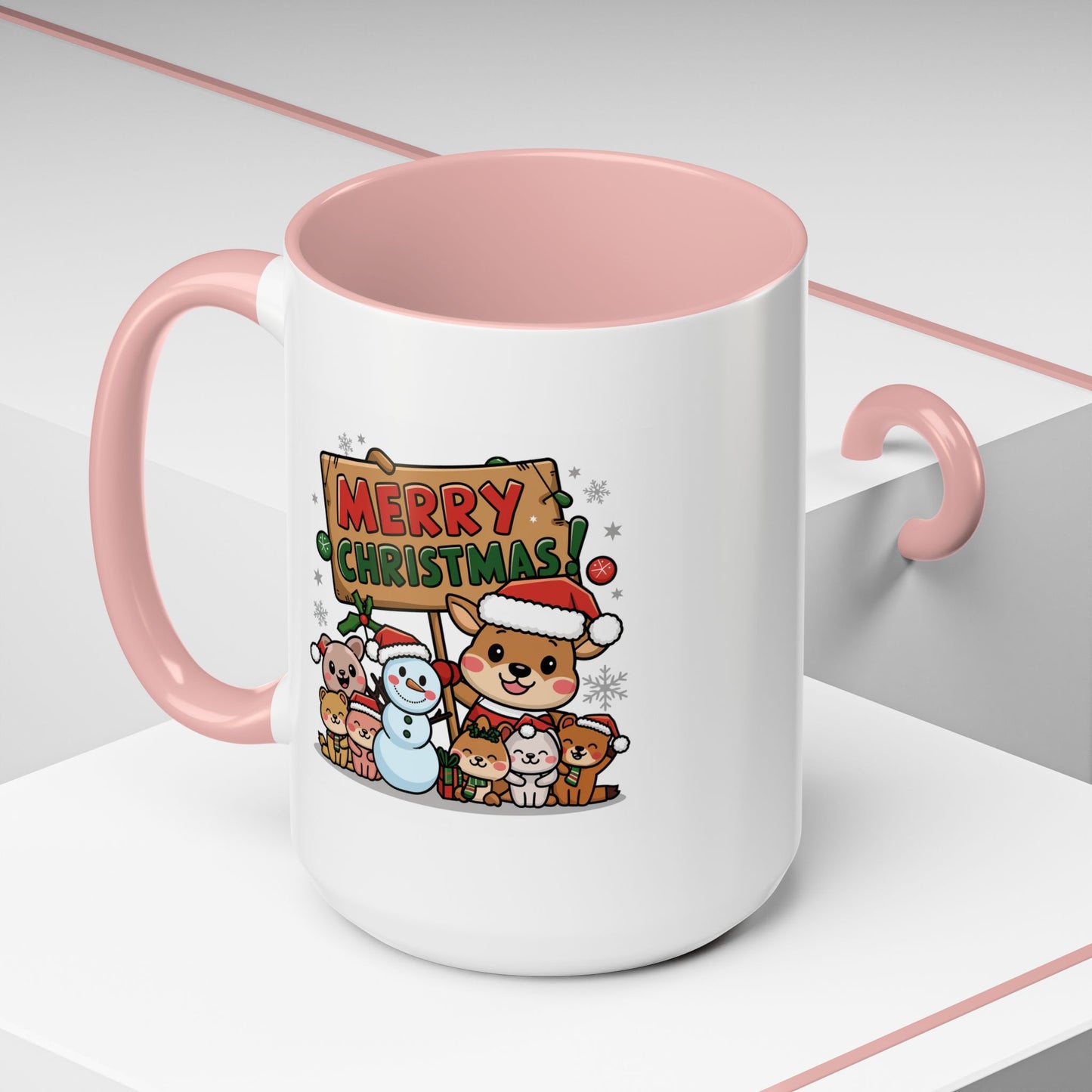 Christmas Mug - Merry Christmas Red & Green Text Reindeer Snowman