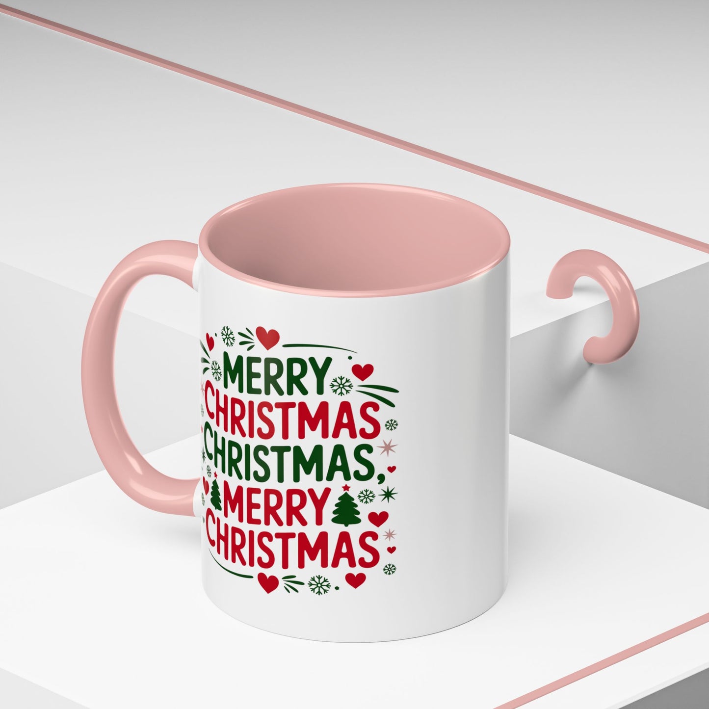 Christmas Mug - Merry Christmas Green & Red Text Trees Hearts Snowflakes Stars