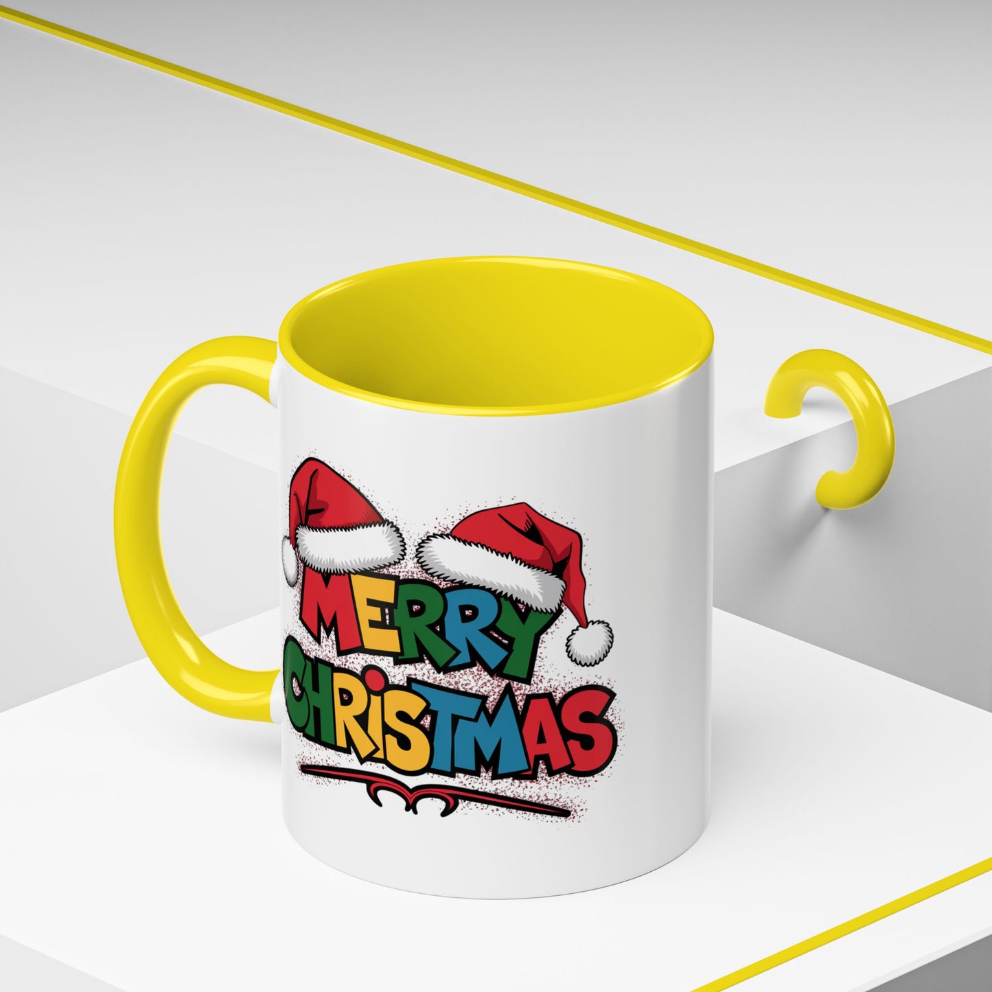 Christmas Mug - Merry Christmas Red Yellow & Blue Text Red Hats