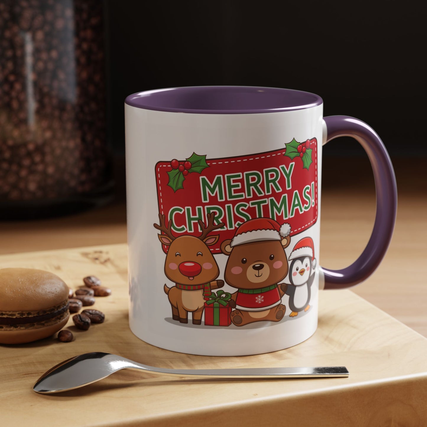 Christmas Mug - Green Text Red Banner Reindeer Bear Penguin