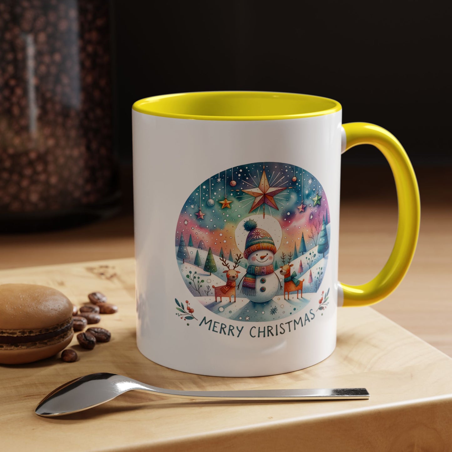Christmas Mug - Merry Christmas Blue Text Snowman Star Reindeer