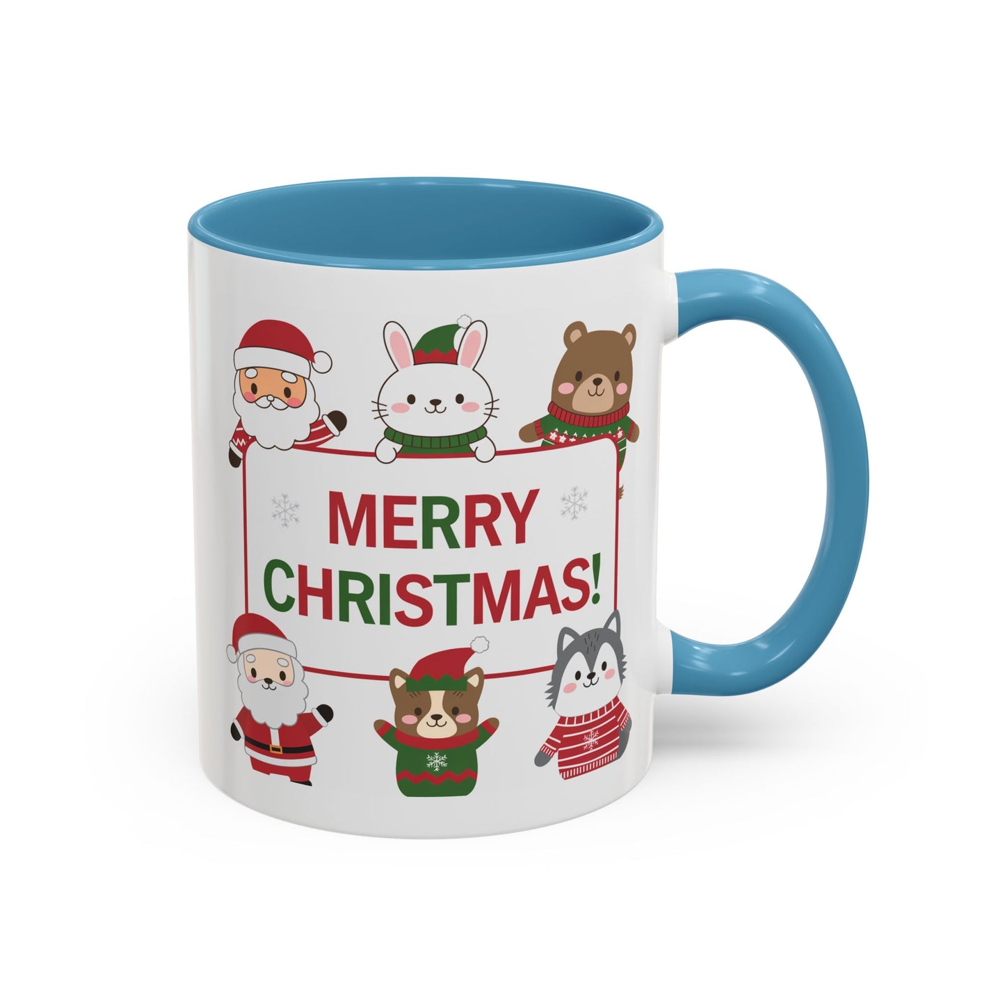 Christmas Mug - Merry Christmas Red & Green Text Santa Cute Animals