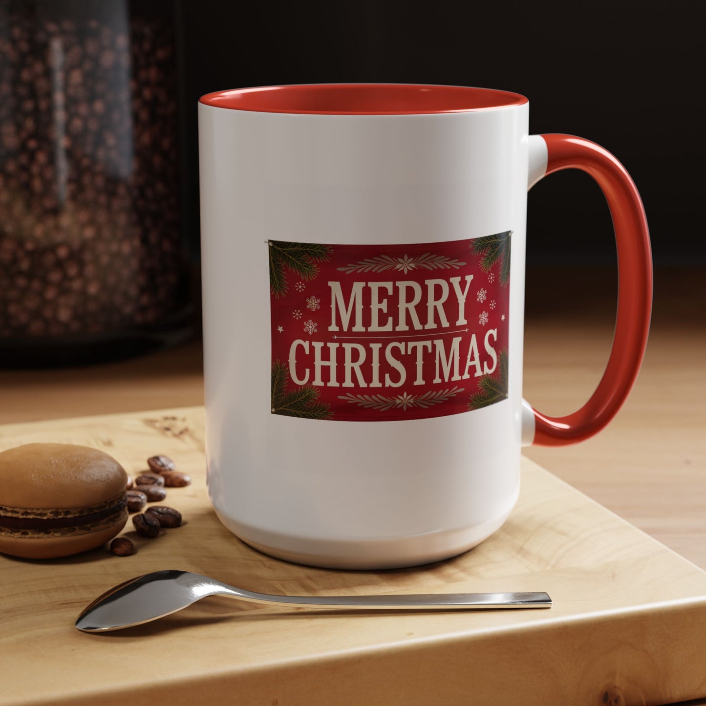 Christmas Mug - Merry Christmas Cream Text Maroon Background