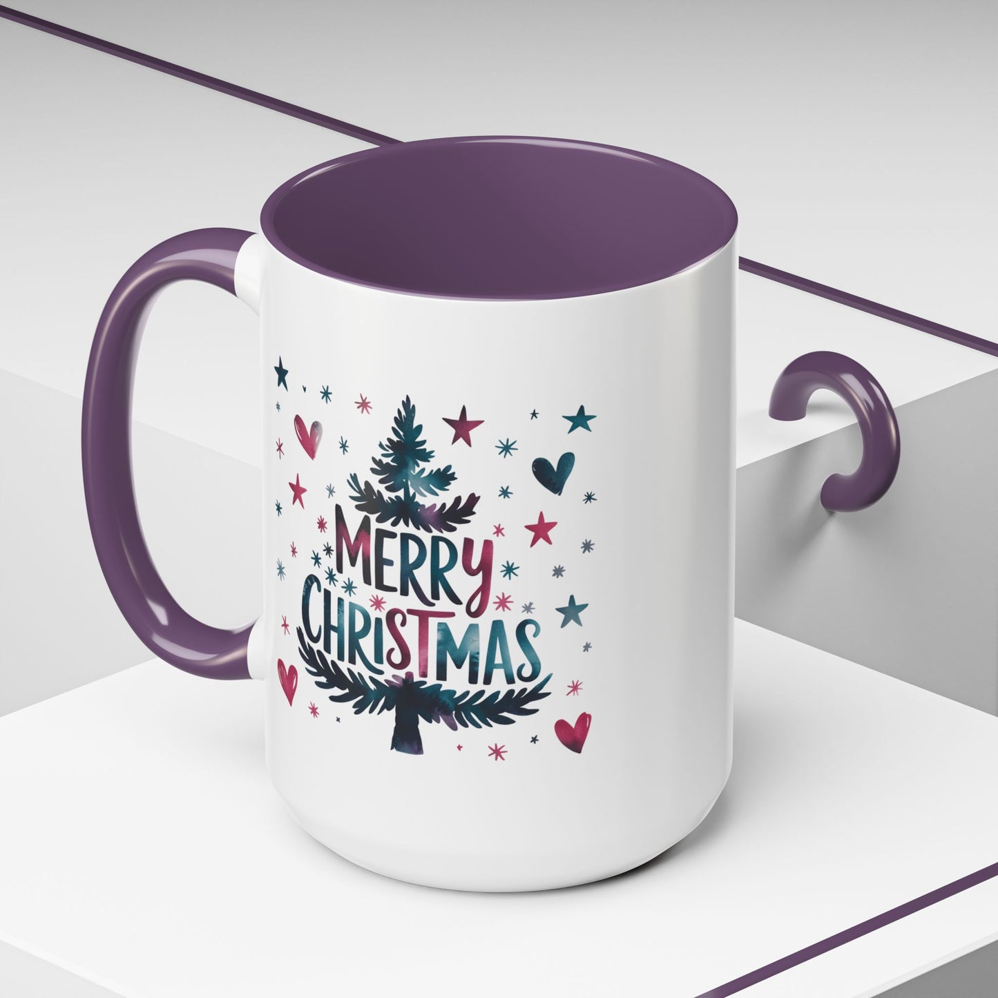 Christmas Mug - Merry Christmas Maroon & Blue Text Tree Hearts Stars