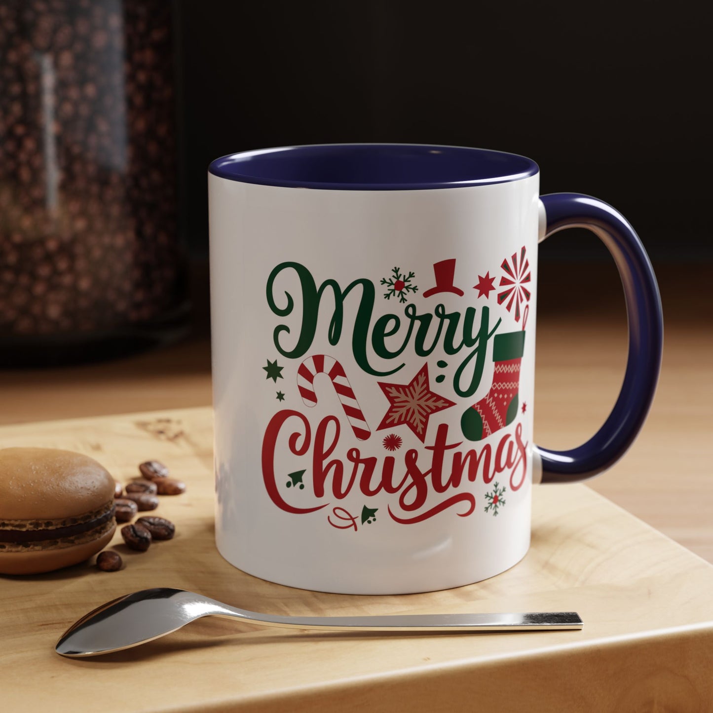 Christmas Mug - Merry Christmas Green & Red Text Star Candy Cane Stocking Snowflake