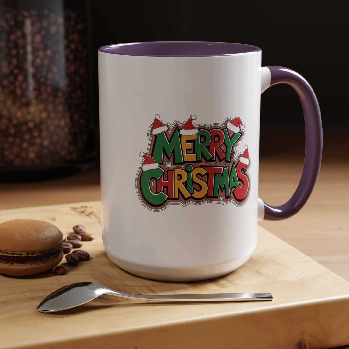 Christmas Mug - Merry Christmas Green Yellow & Red Text Hats