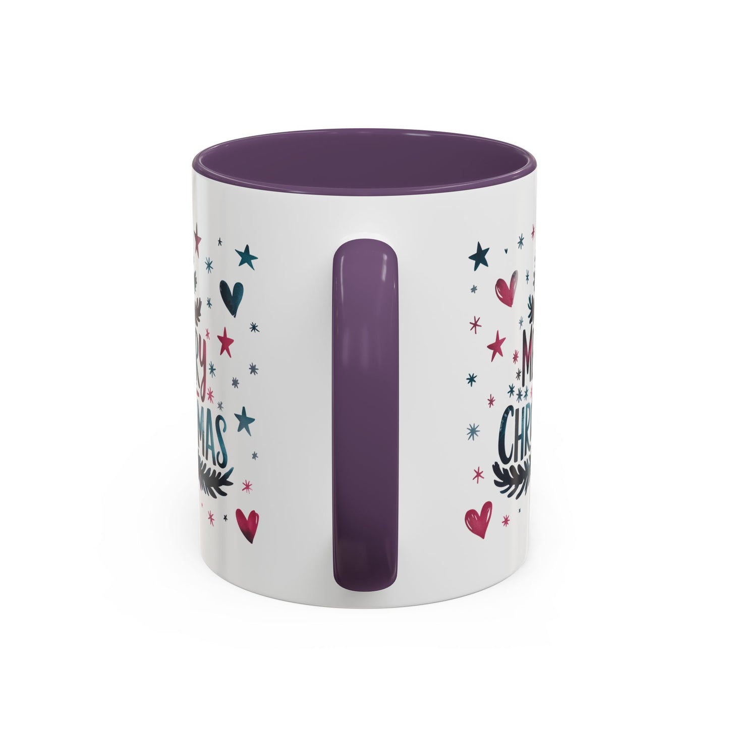 Christmas Mug - Merry Christmas Maroon & Blue Text Tree Hearts Stars