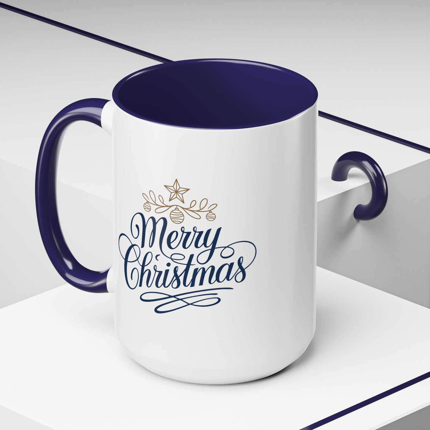 Christmas Mug - Merry Christmas Blue Text Gold Ornaments