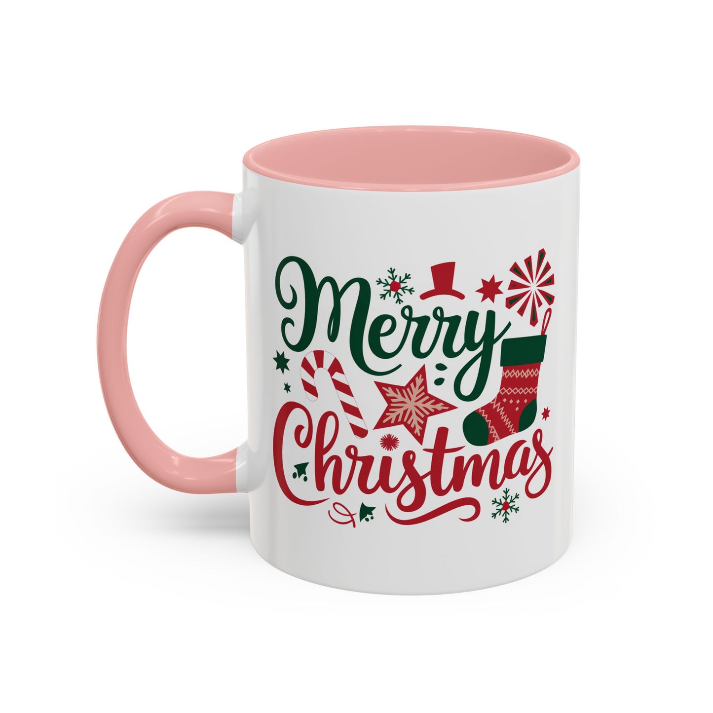 Christmas Mug - Merry Christmas Green & Red Text Star Candy Cane Stocking Snowflake