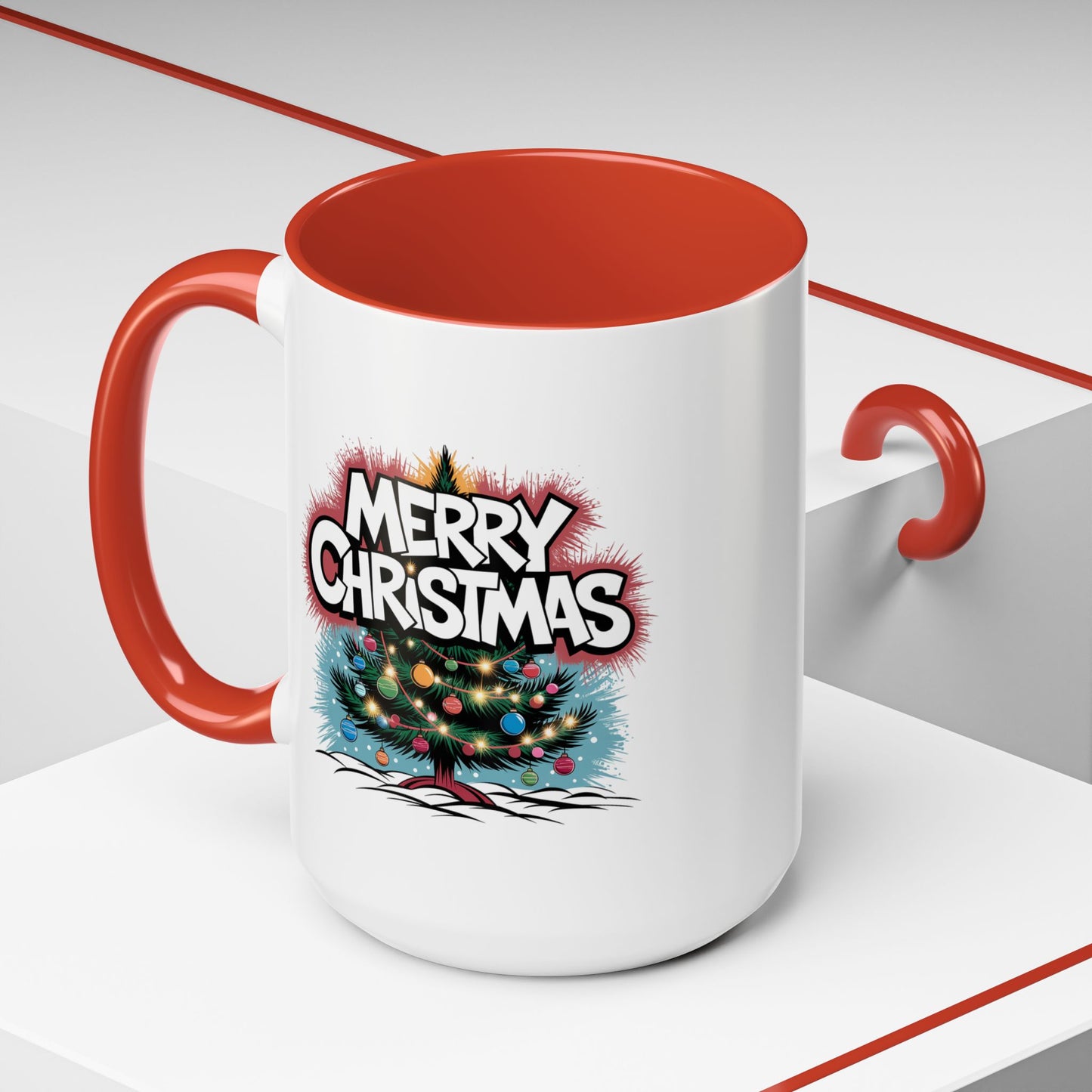 Christmas Mug - Merry Christmas White & Red Text Tree Lights