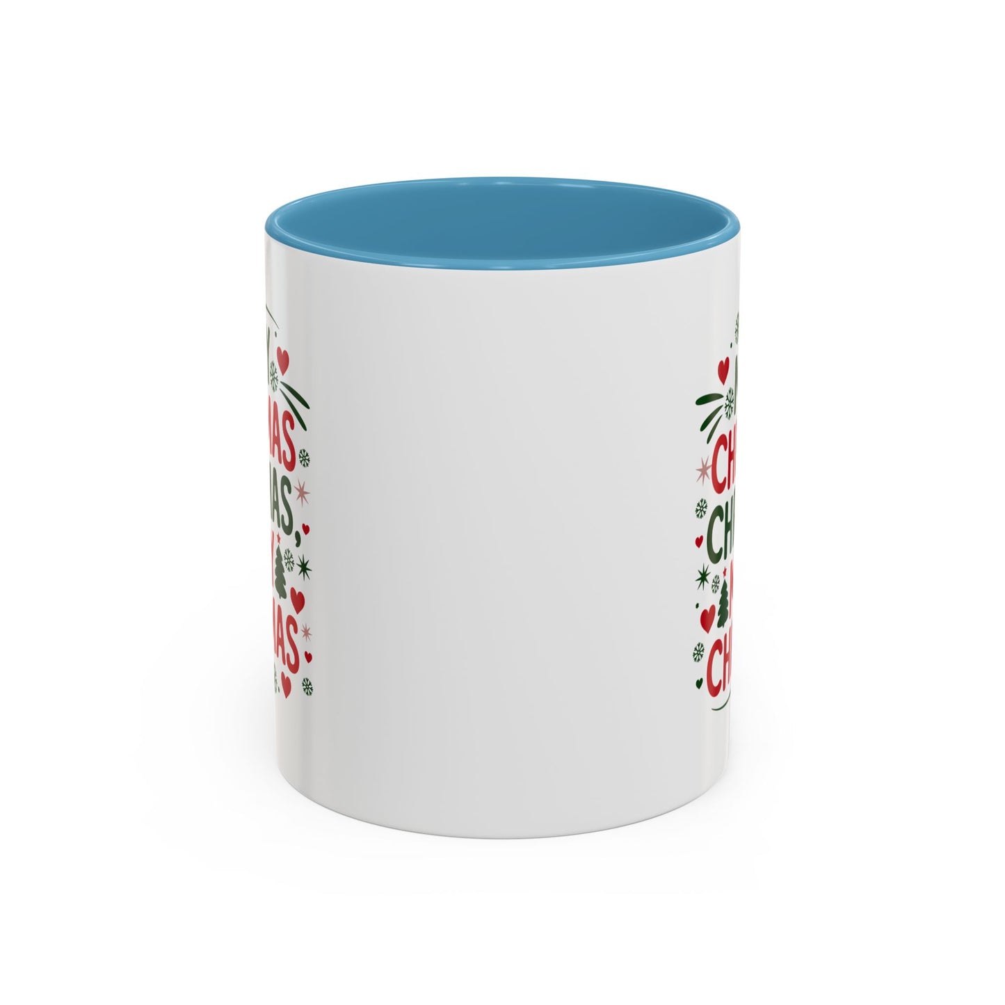 Christmas Mug - Merry Christmas Green & Red Text Trees Hearts Snowflakes Stars