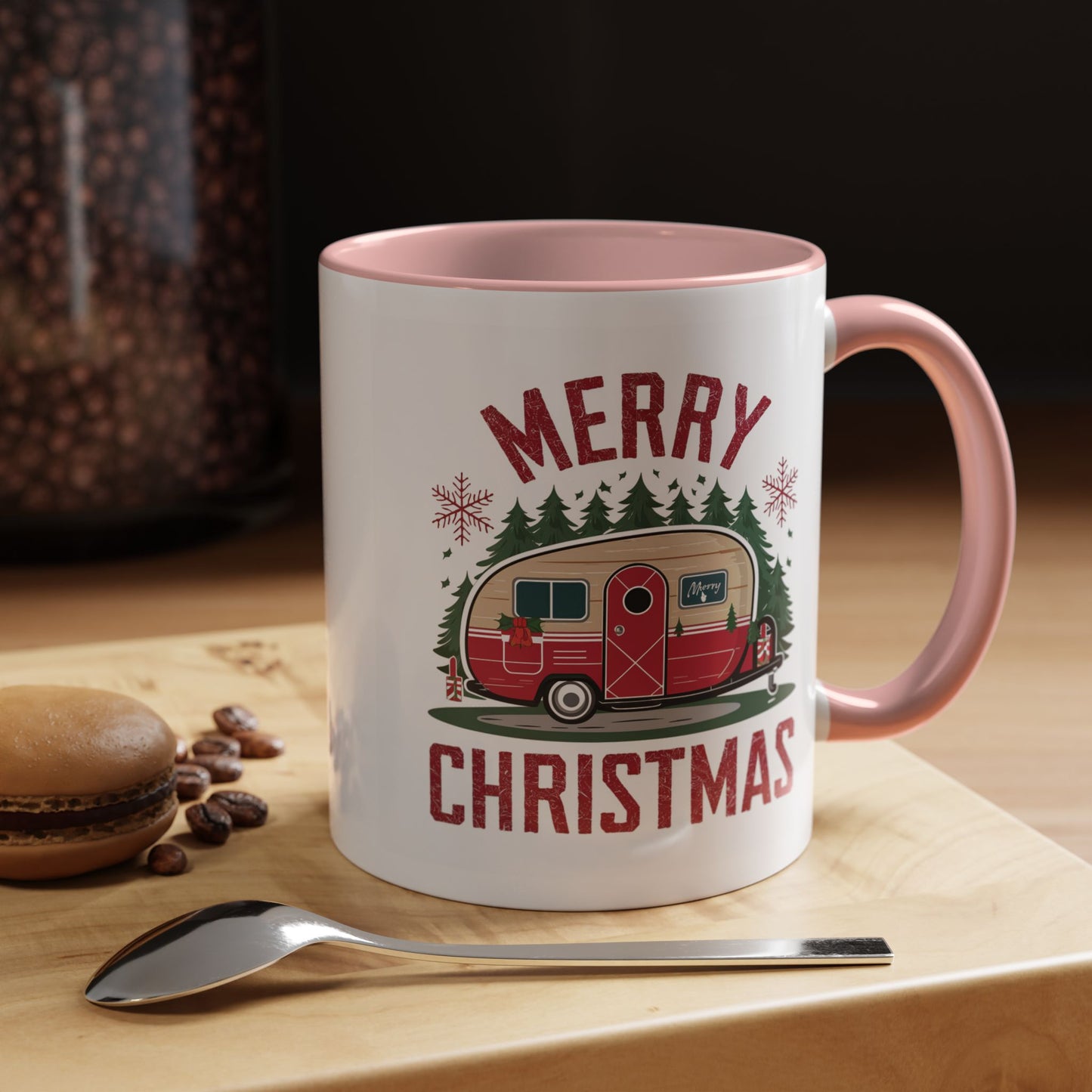 Christmas Mug - Merry Christmas Maroon Text Camper Trees Snowflakes