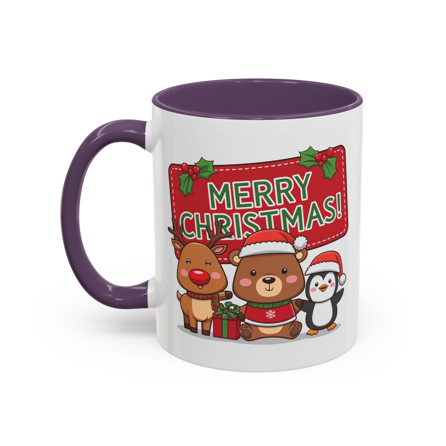 Christmas Mug - Green Text Red Banner Reindeer Bear Penguin
