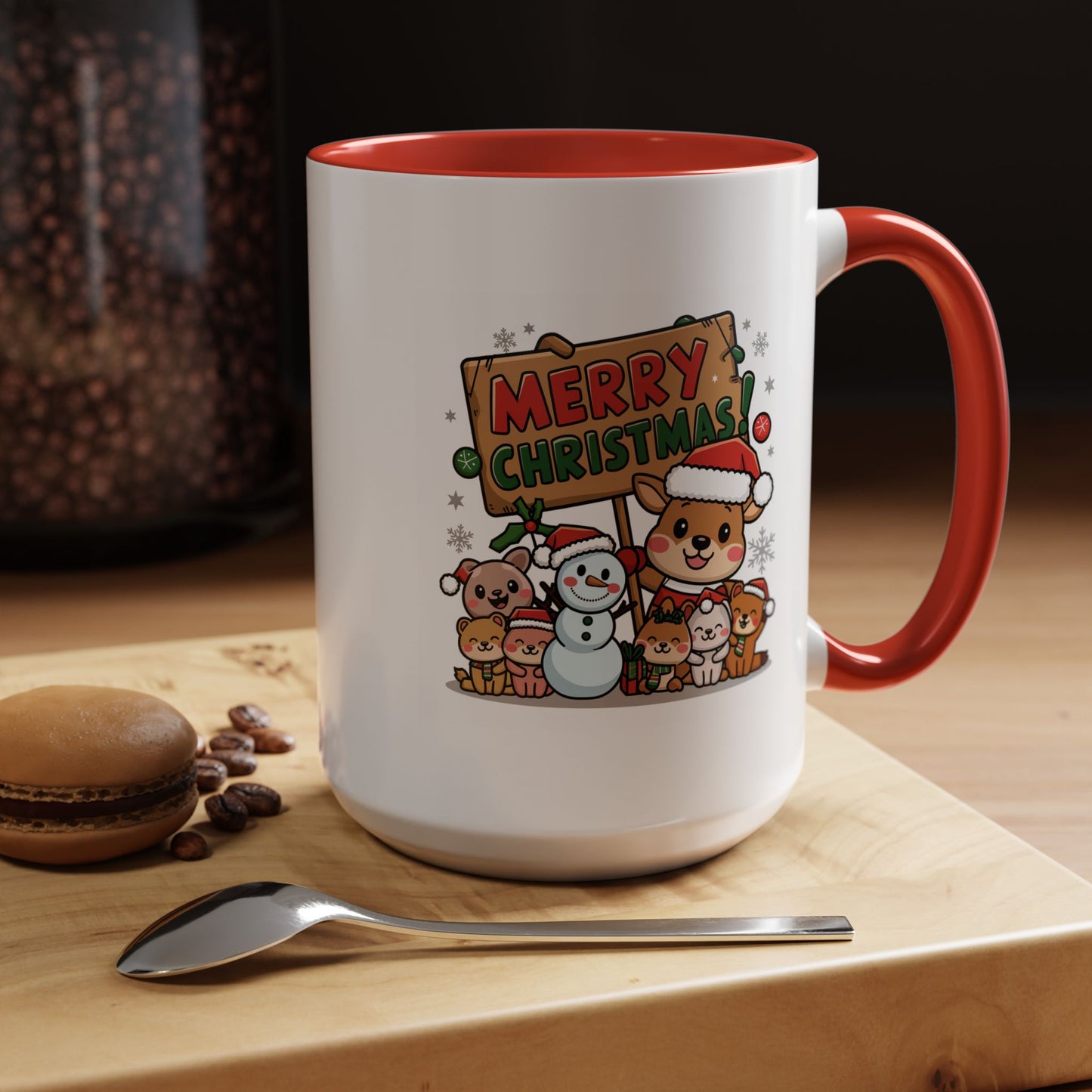 Christmas Mug - Merry Christmas Red & Green Text Reindeer Snowman
