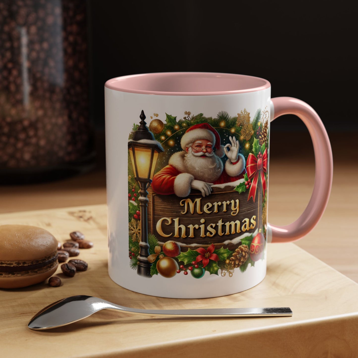 Christmas Mug - Merry Christmas Cream Text Santa Ok Light Bow Ornaments