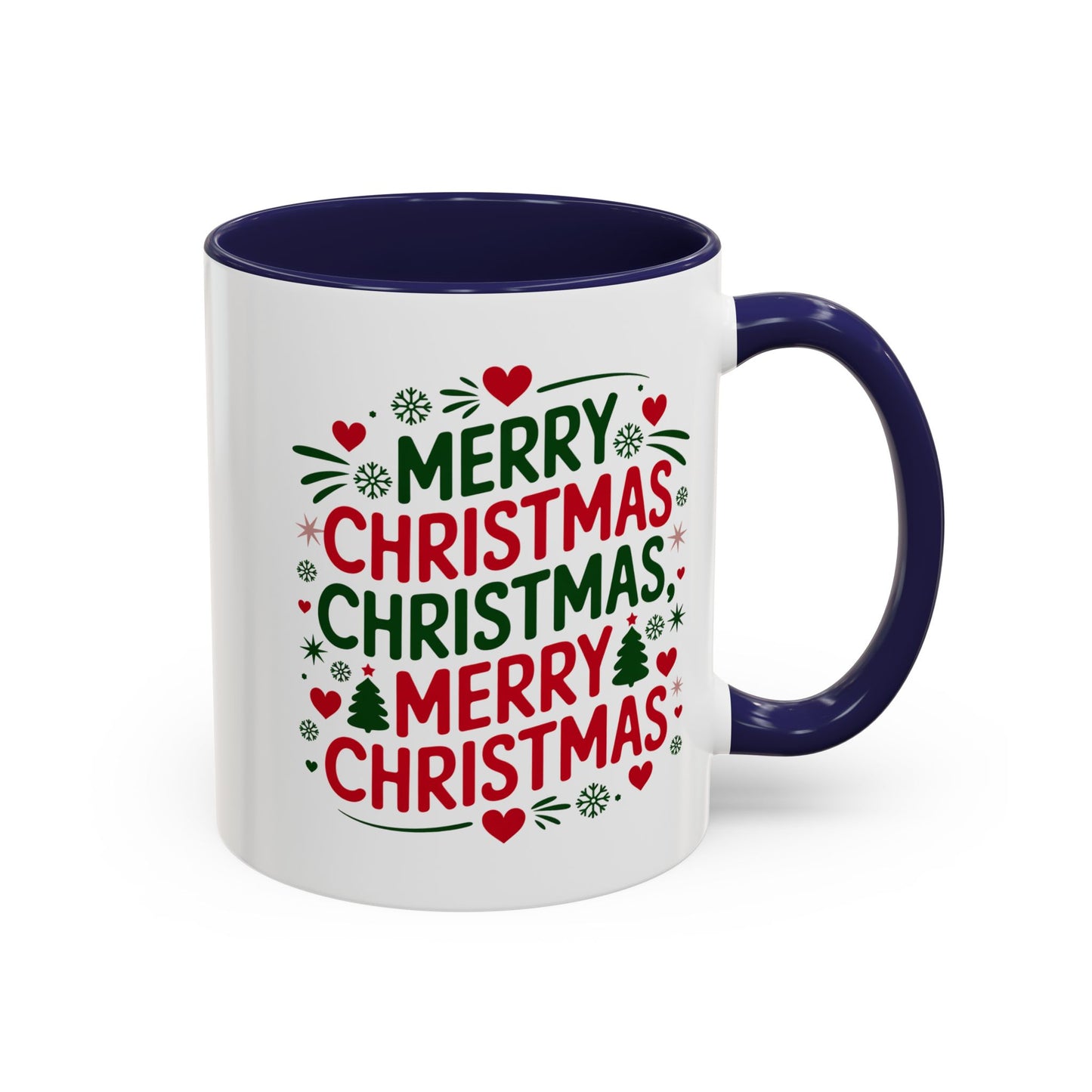 Christmas Mug - Merry Christmas Green & Red Text Trees Hearts Snowflakes Stars