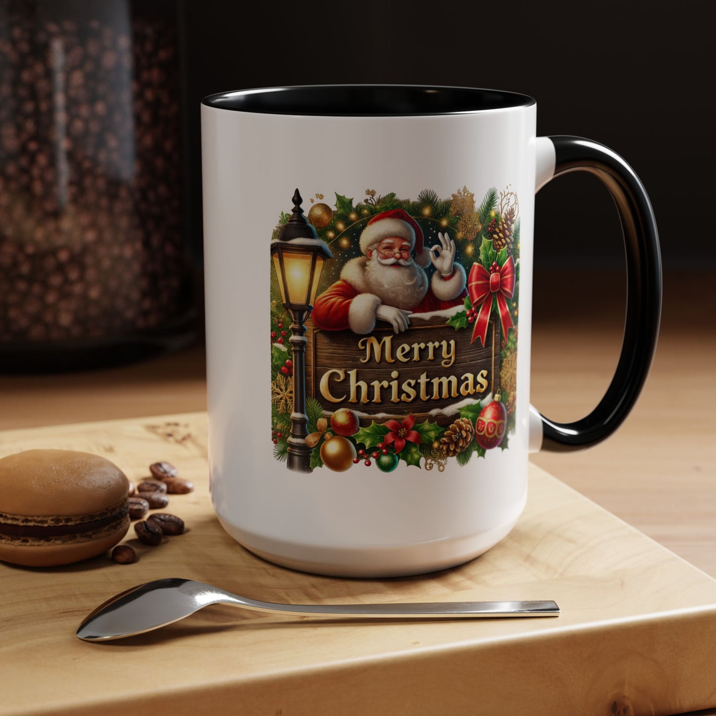 Christmas Mug - Merry Christmas Cream Text Santa Ok Light Bow Ornaments