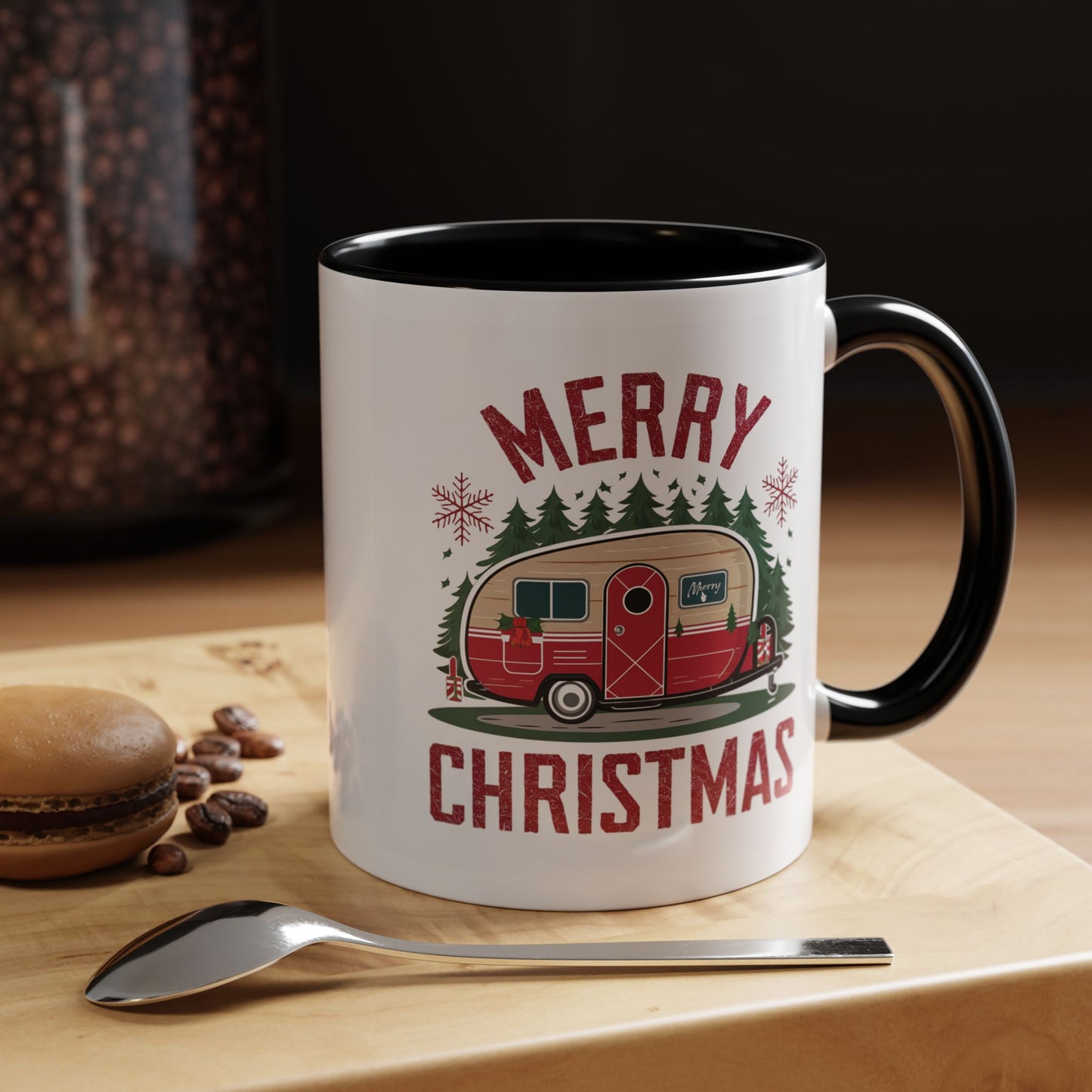 Christmas Mug - Merry Christmas Maroon Text Camper Trees Snowflakes