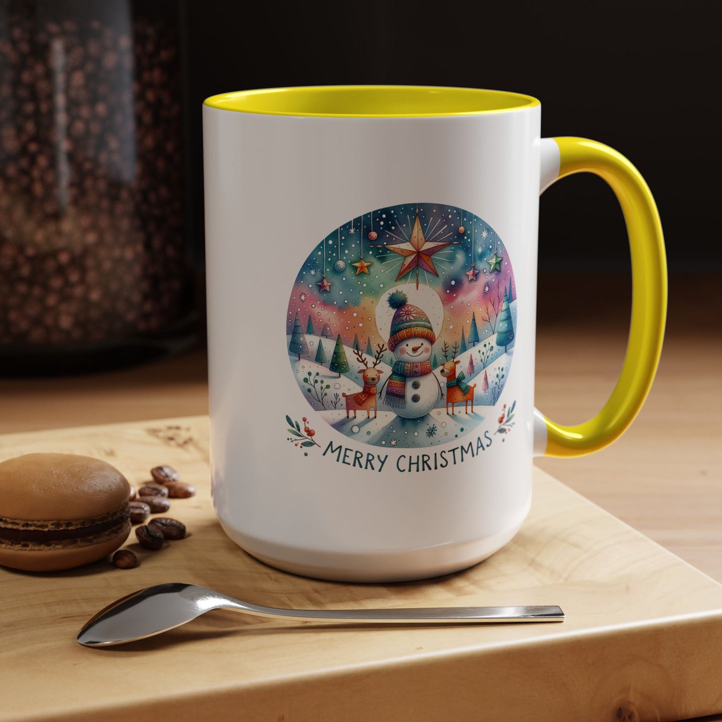 Christmas Mug - Merry Christmas Blue Text Snowman Star Reindeer