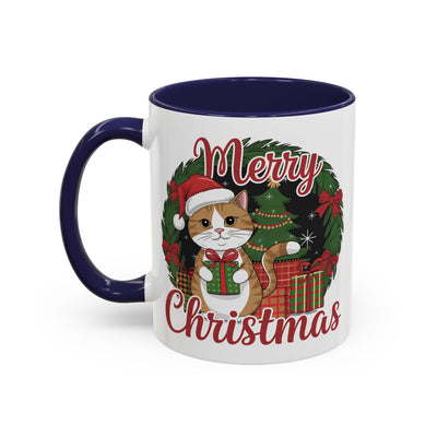 Christmas Mug - Merry Christmas Red Text Cat Presents Wreath