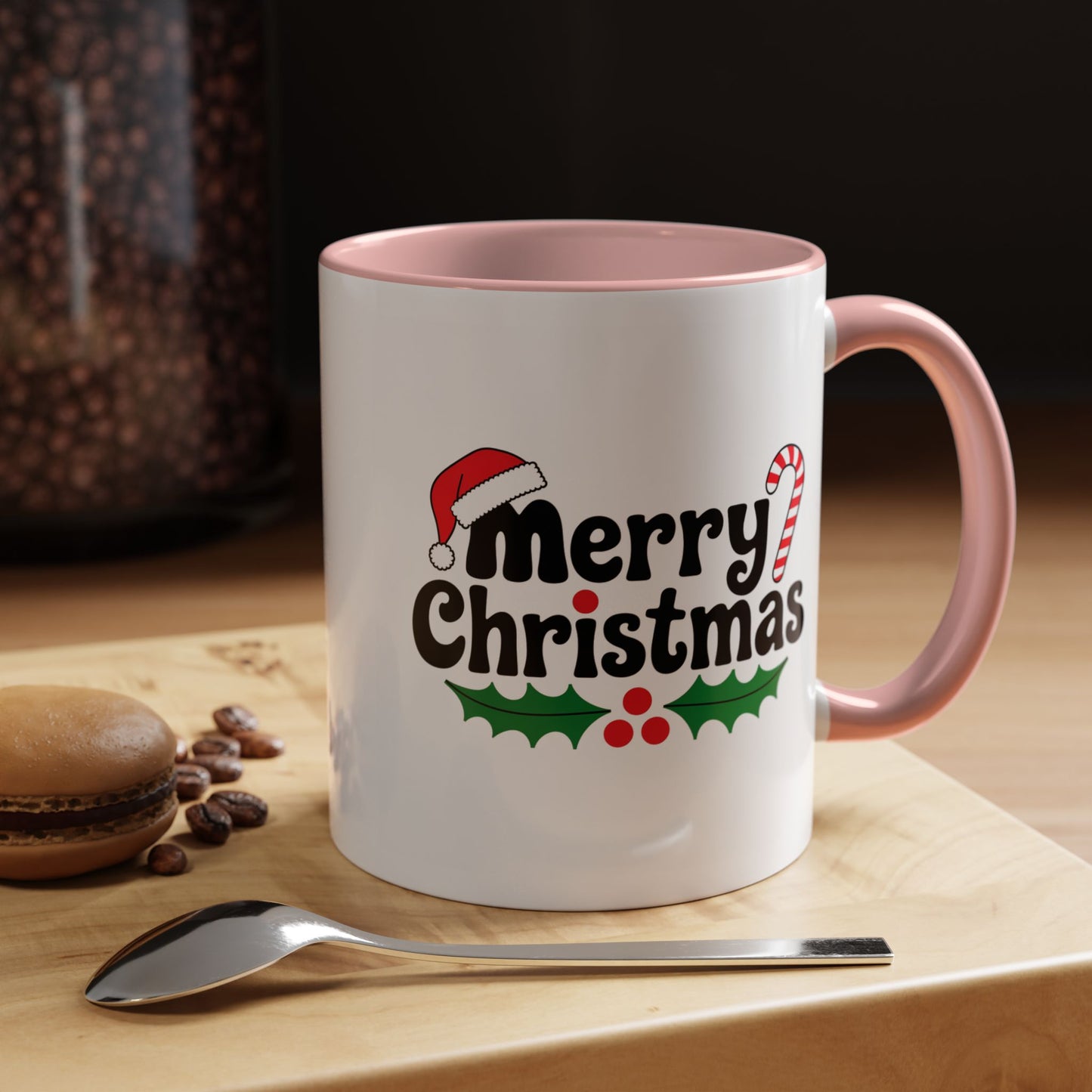 Christmas Mug - Merry Christmas Black Text Hat Cane Misletoe