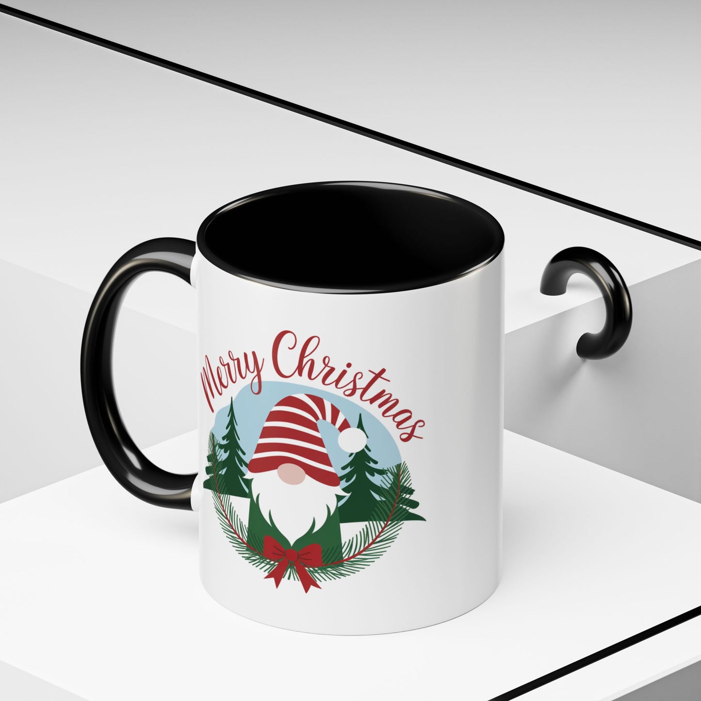 Christmas Mug - Merry Christmas Red Text Gnome Bow Tree