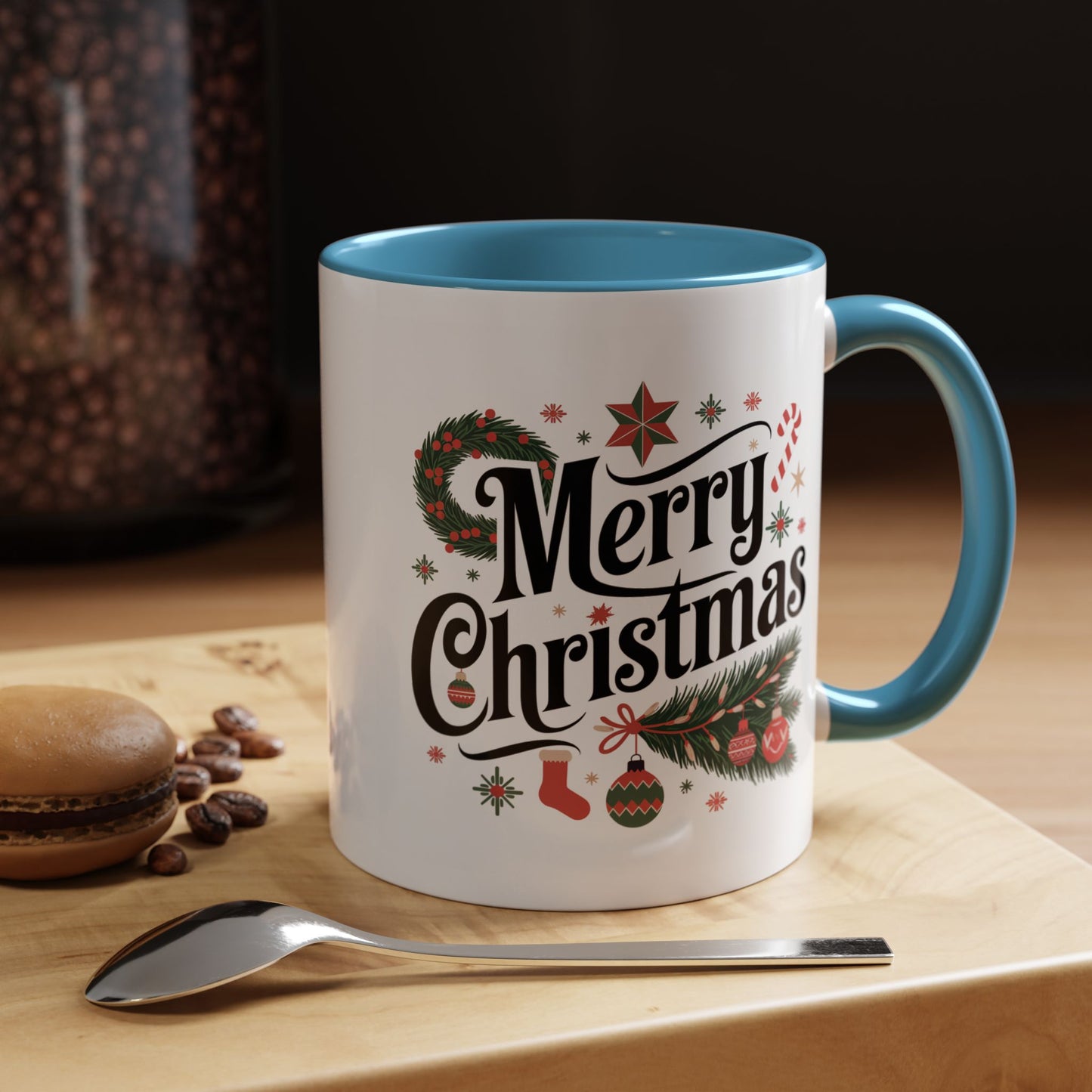Christmas Mug - Merry Christmas Black Text Star Stocking Ornament Candy Cane