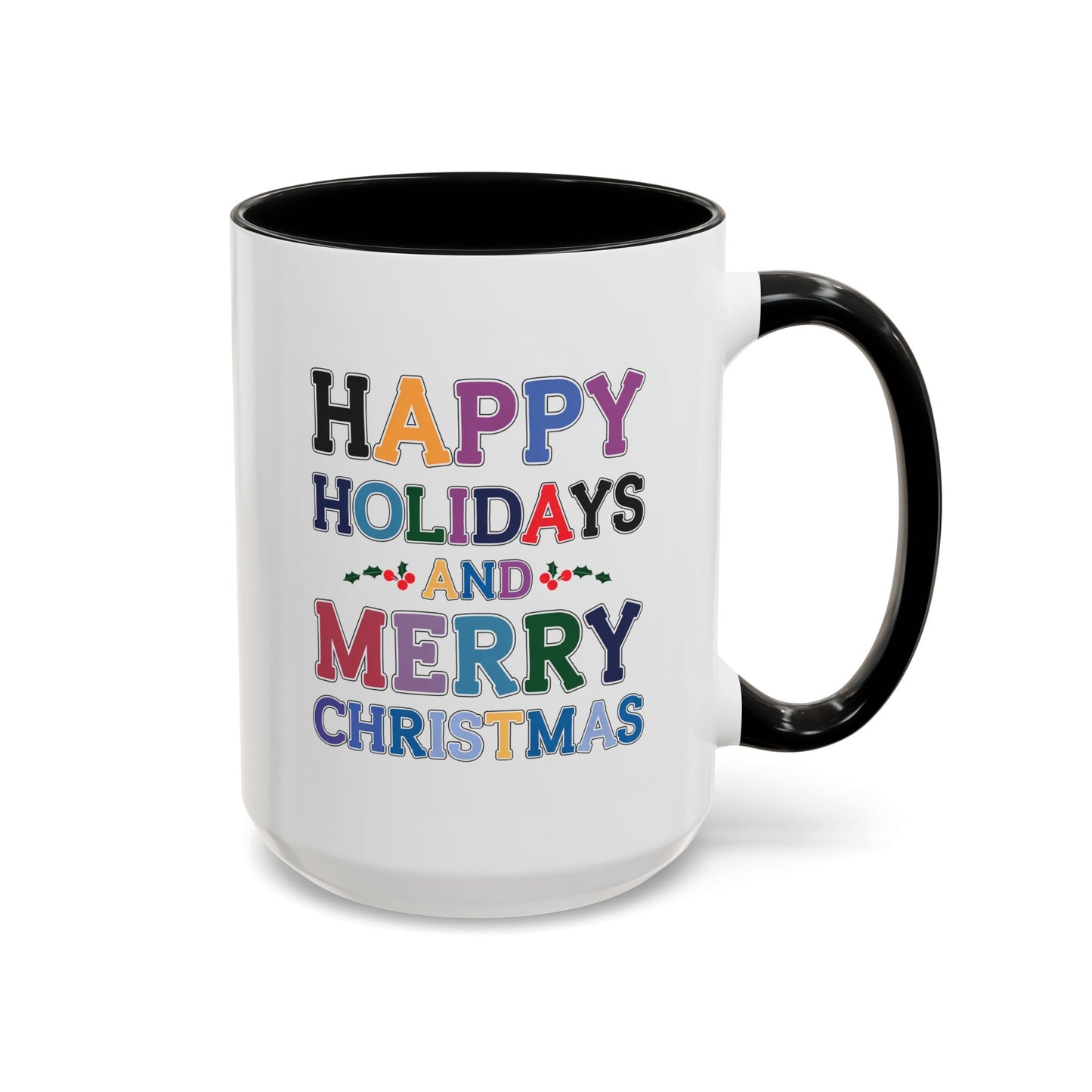 Christmas Mug - Happy Holidays and Merry Christmas Blue Yellow Purple Orange Red Text