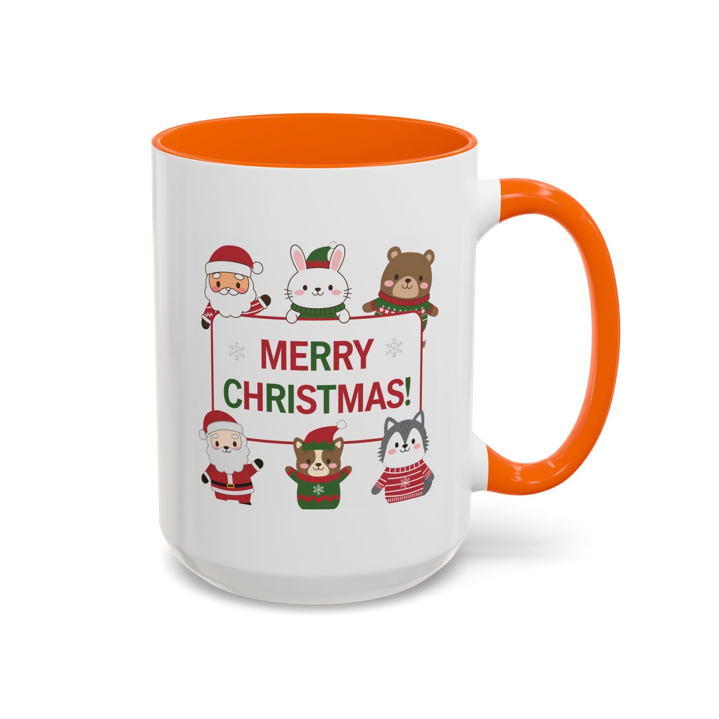 Christmas Mug - Merry Christmas Red & Green Text Santa Cute Animals